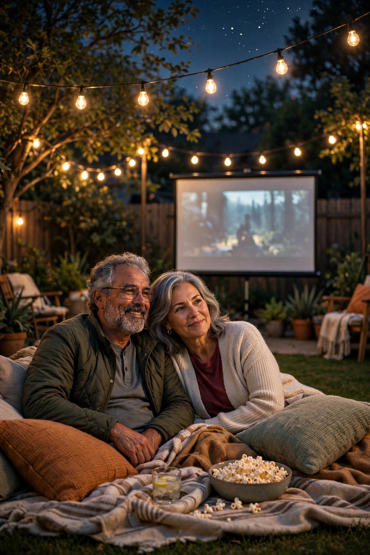 Backyard outdoor movie night with projector screen, string lights and a couple on blankets