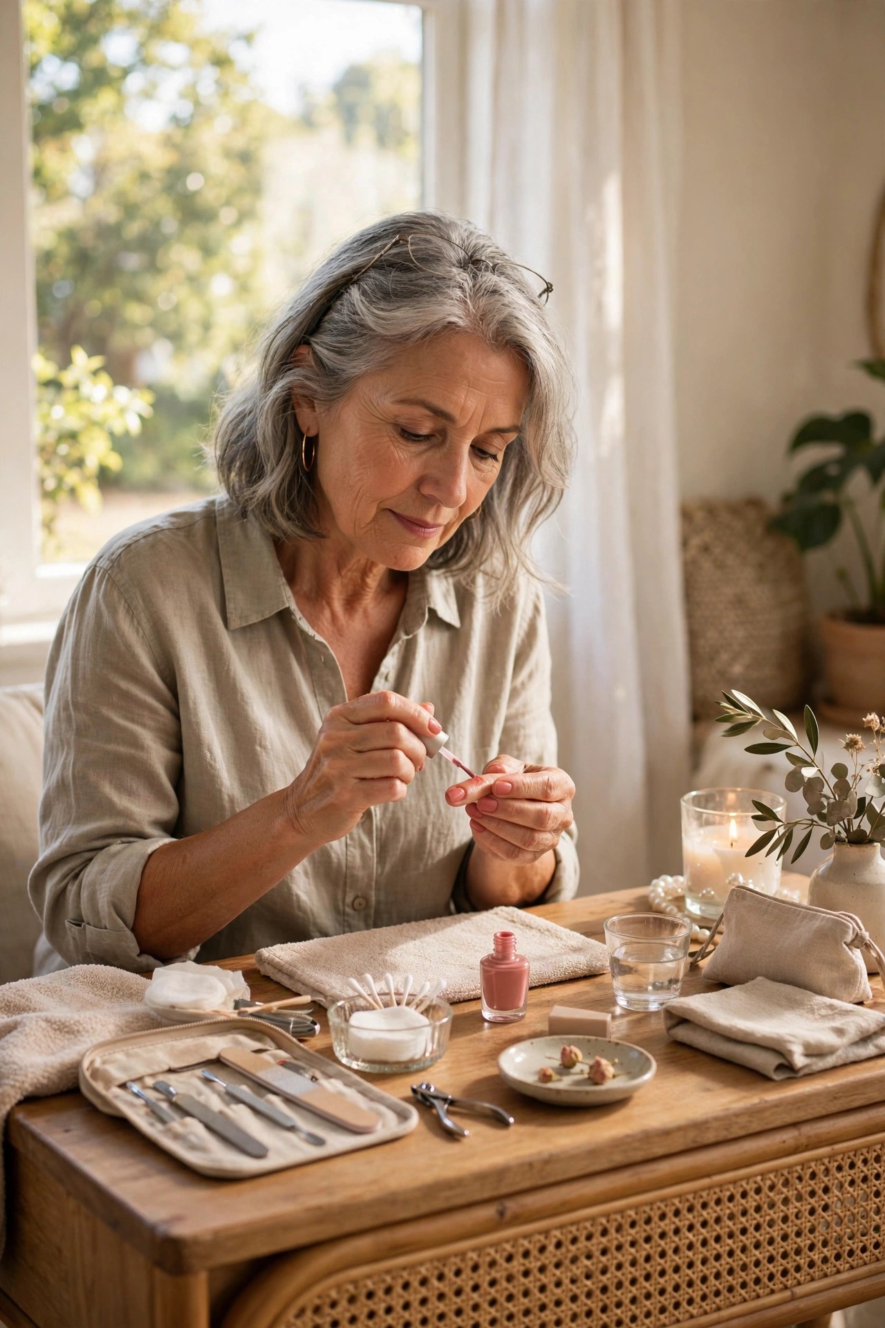 Woman in her 60s painting her nails a soft rose color at a sunny vanity table