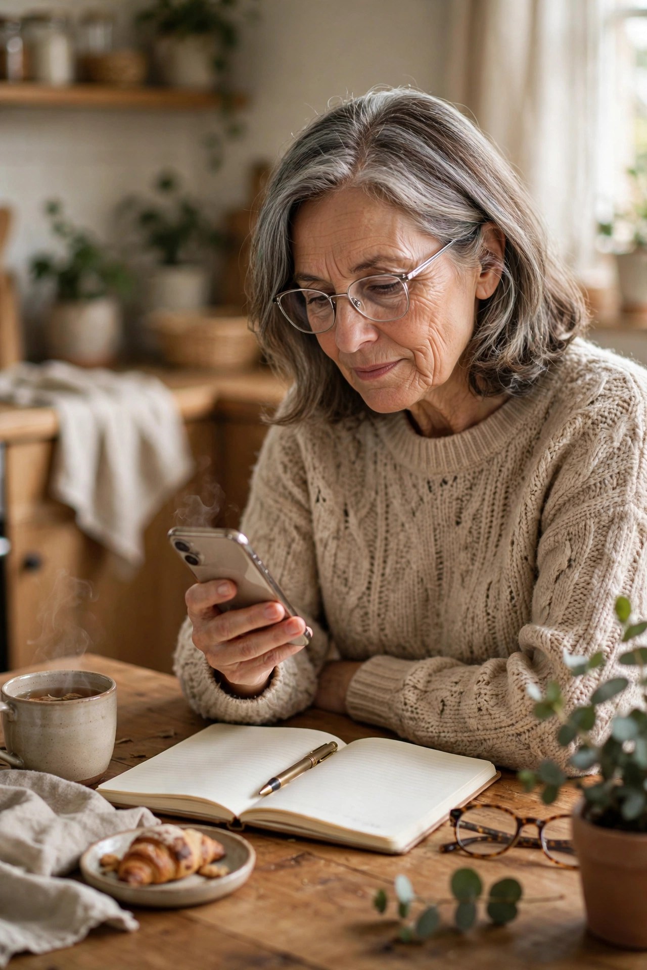 Woman in her 60s comparing phone plan options on a smartphone at a kitchen table