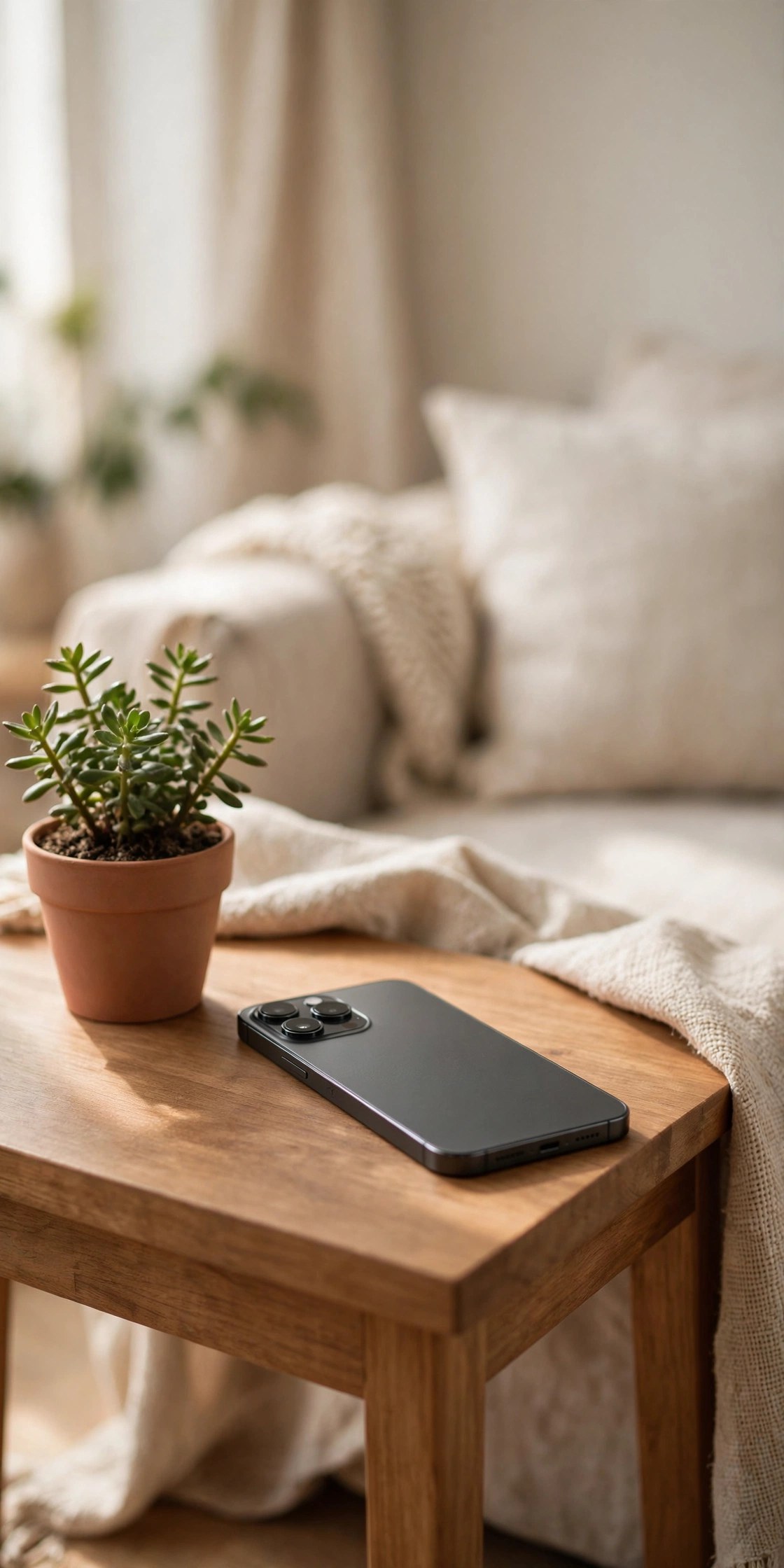Modern smartphone lying on a wooden side table in a cozy living room