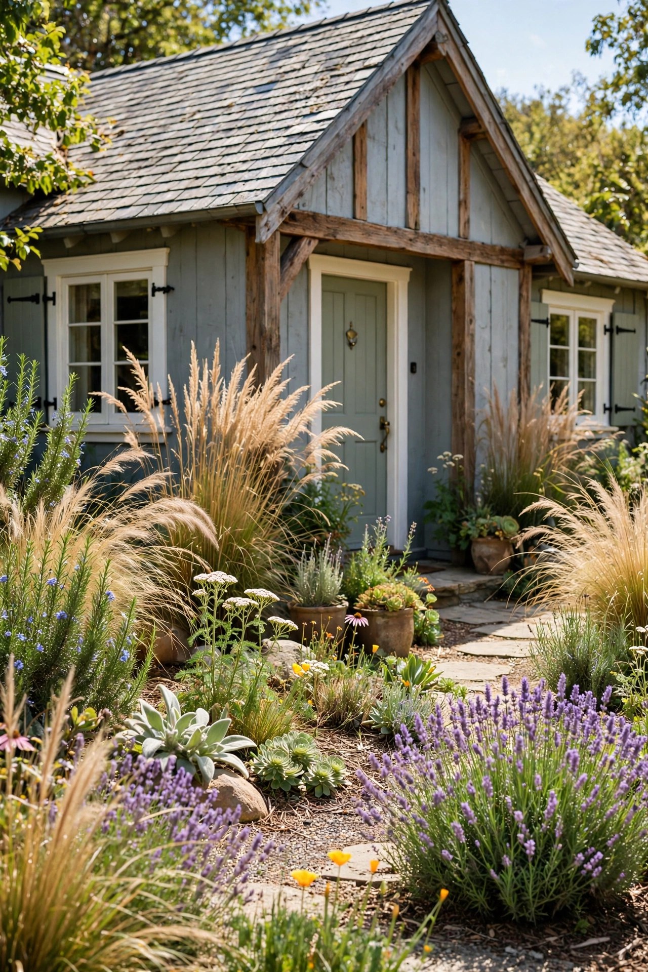 Beautiful low-maintenance native plant garden with lavender in front of a cottage home