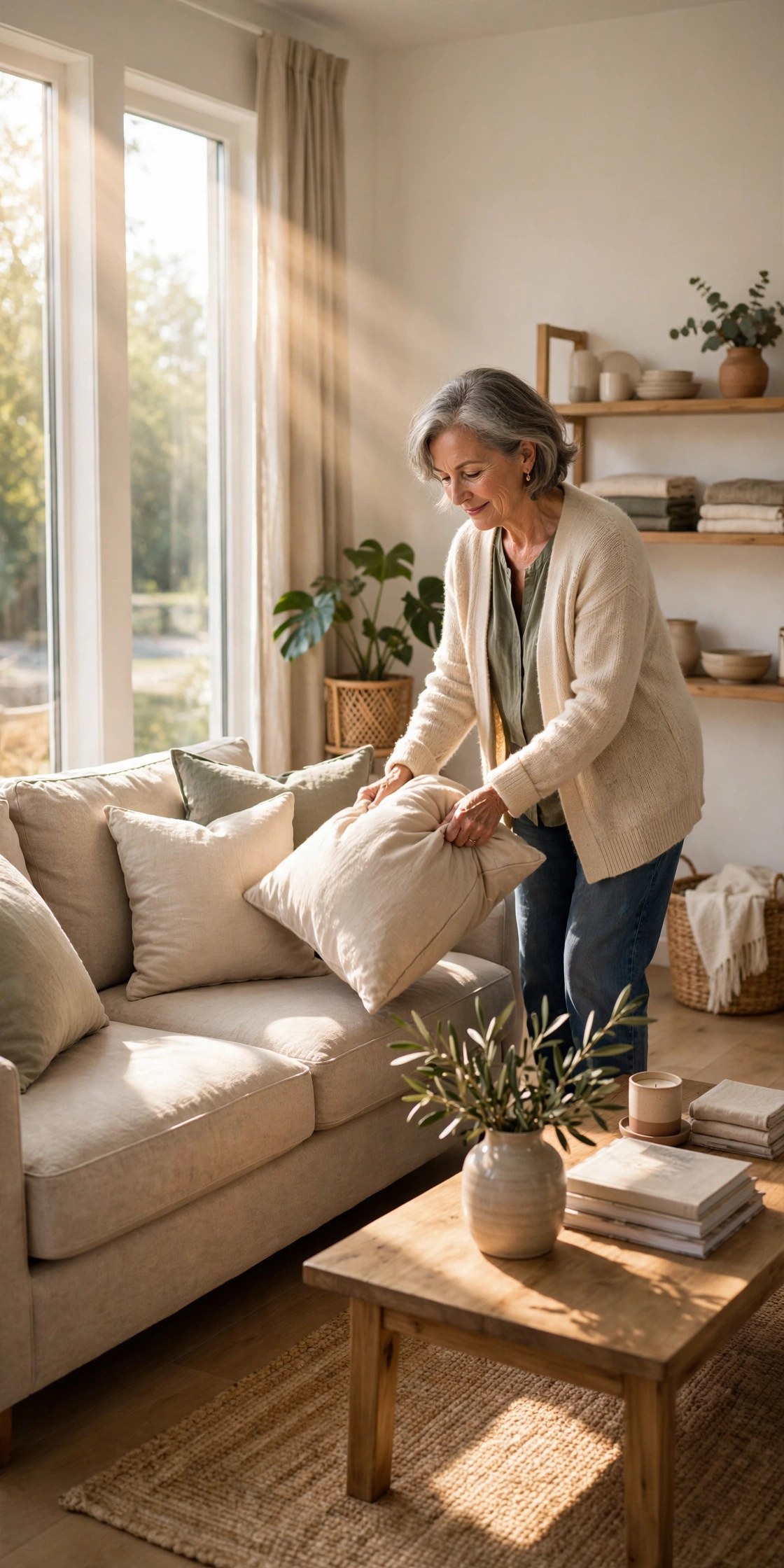 Bright tidy living room with a woman in her 60s fluffing a cushion in sunlight