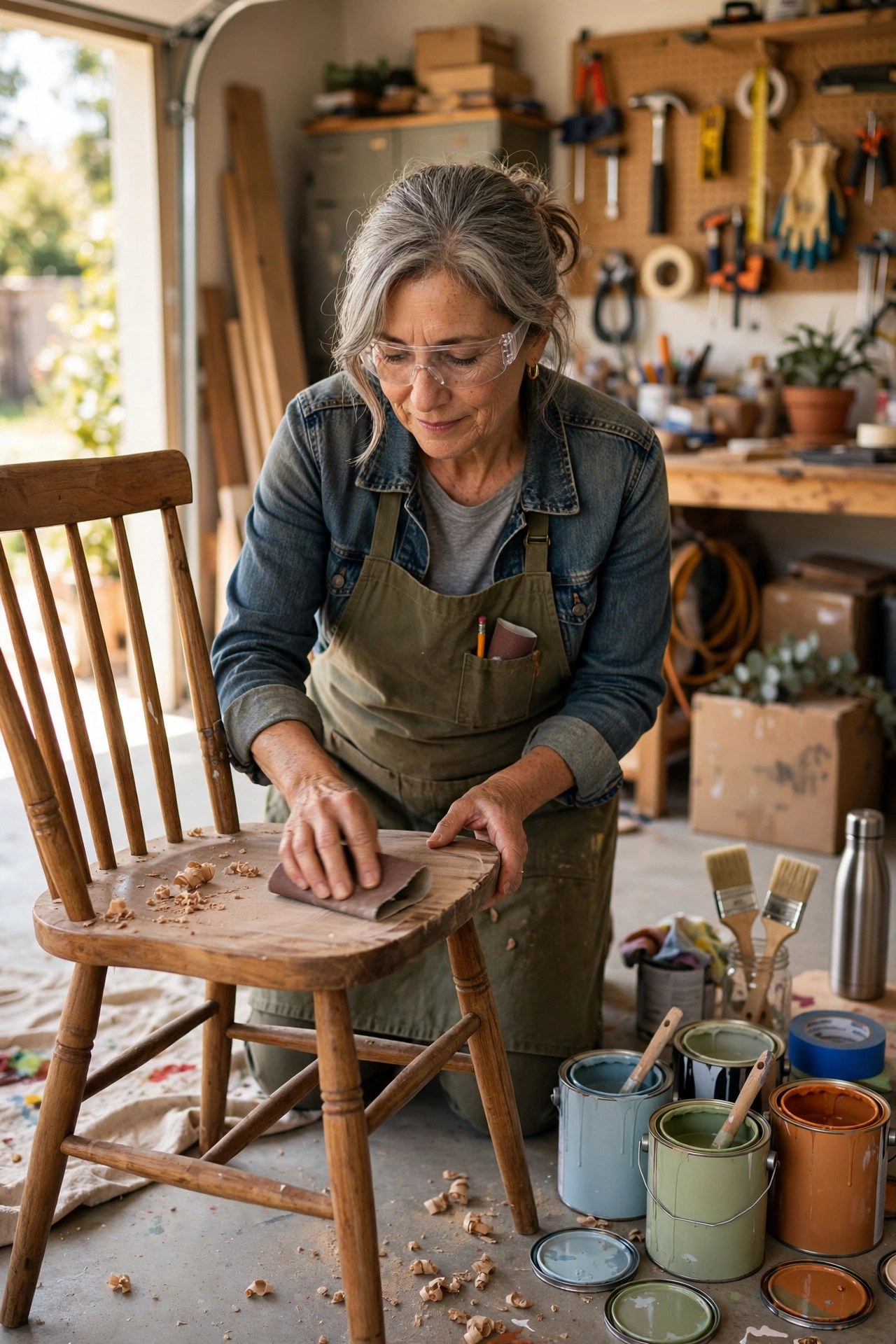 Woman in her 60s sanding a wooden chair in a bright garage workshop