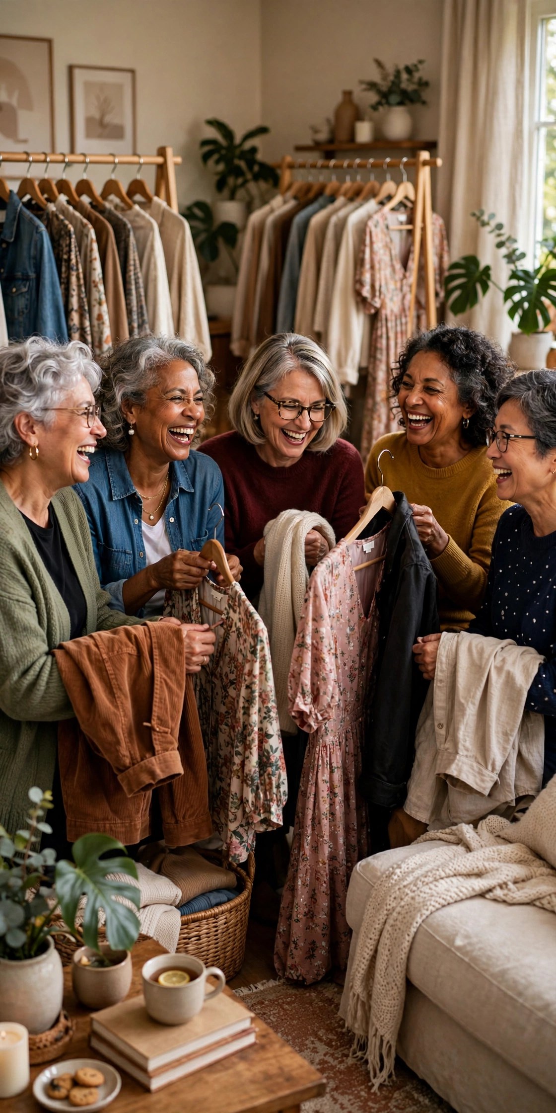 Group of women friends in their 60s happily exchanging clothes at a clothing swap party
