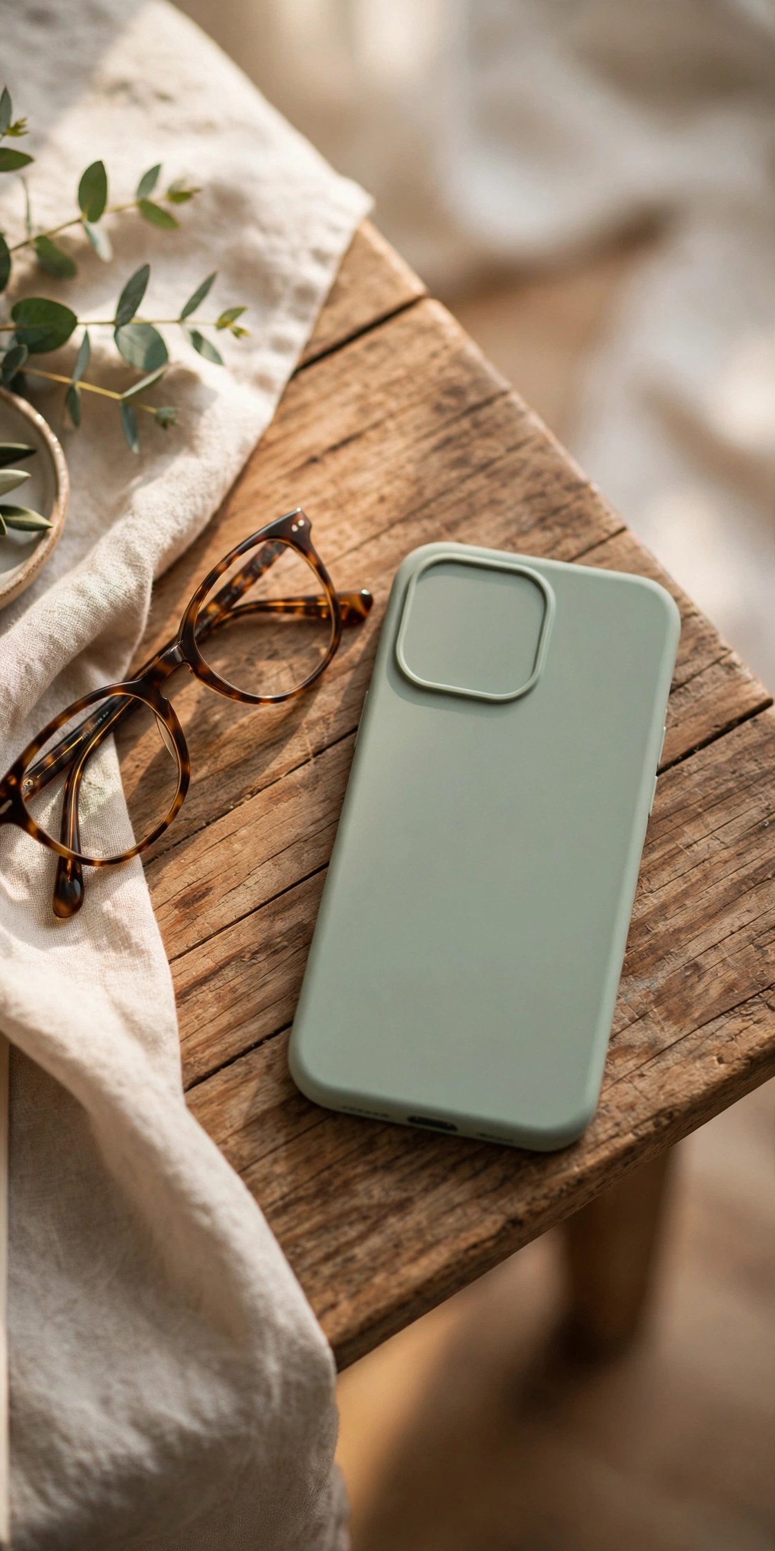 Smartphone with a fresh new protective case on a wooden desk