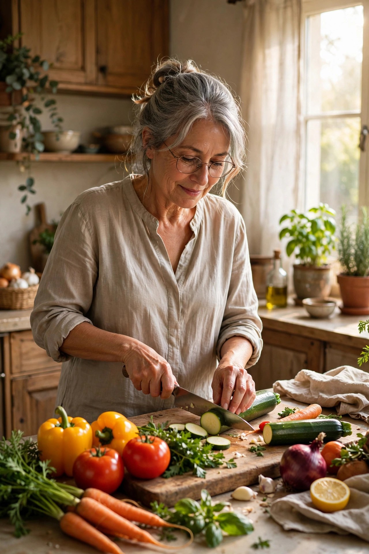 Woman in her 60s chopping fresh whole vegetables on a wooden cutting board