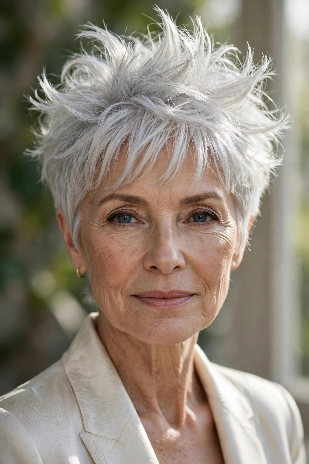 Elegant woman in her 60s with a frosted silver spiky pixie and lifted crown
