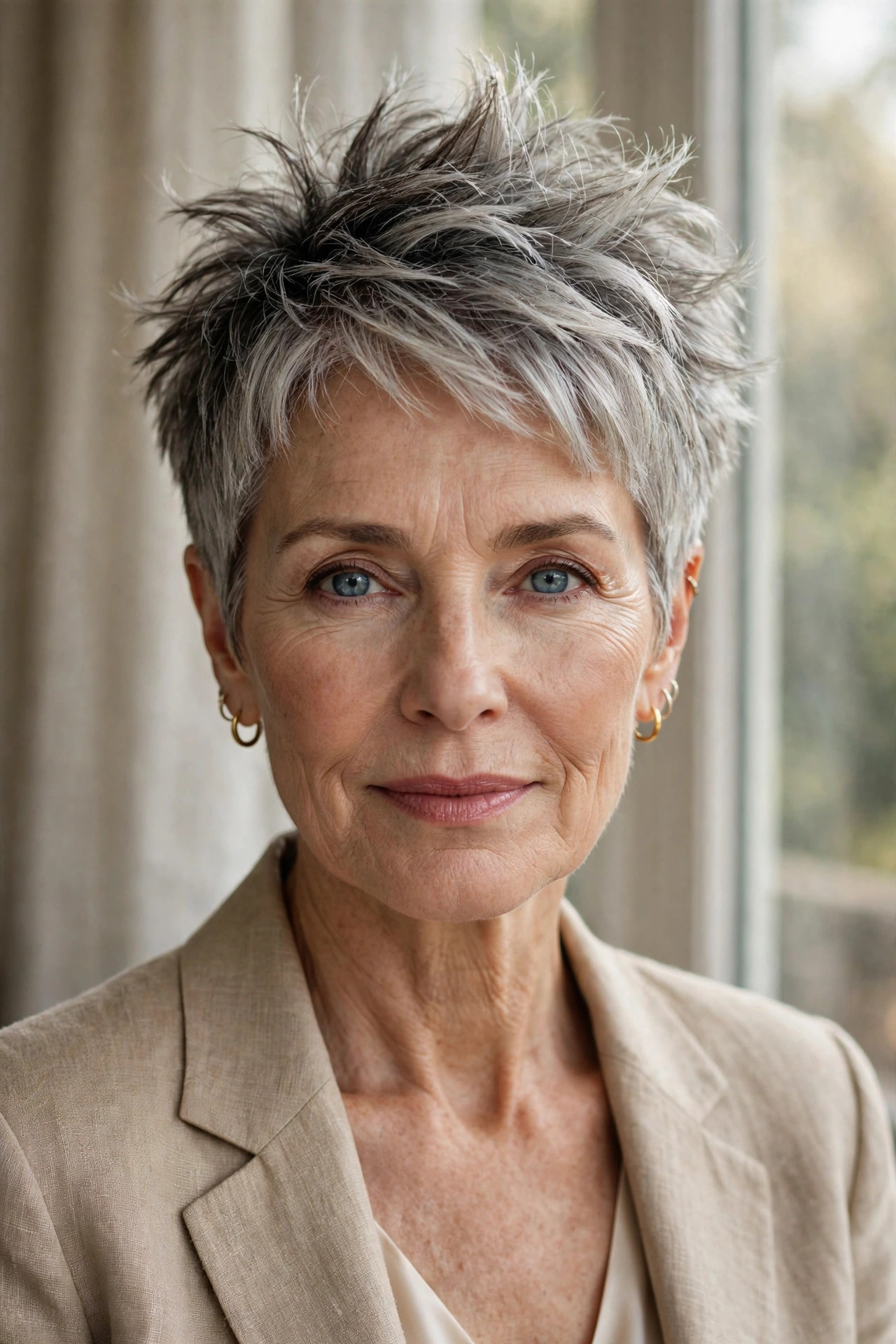 Woman in her 60s with a salt-and-pepper feathered spiky crop haircut