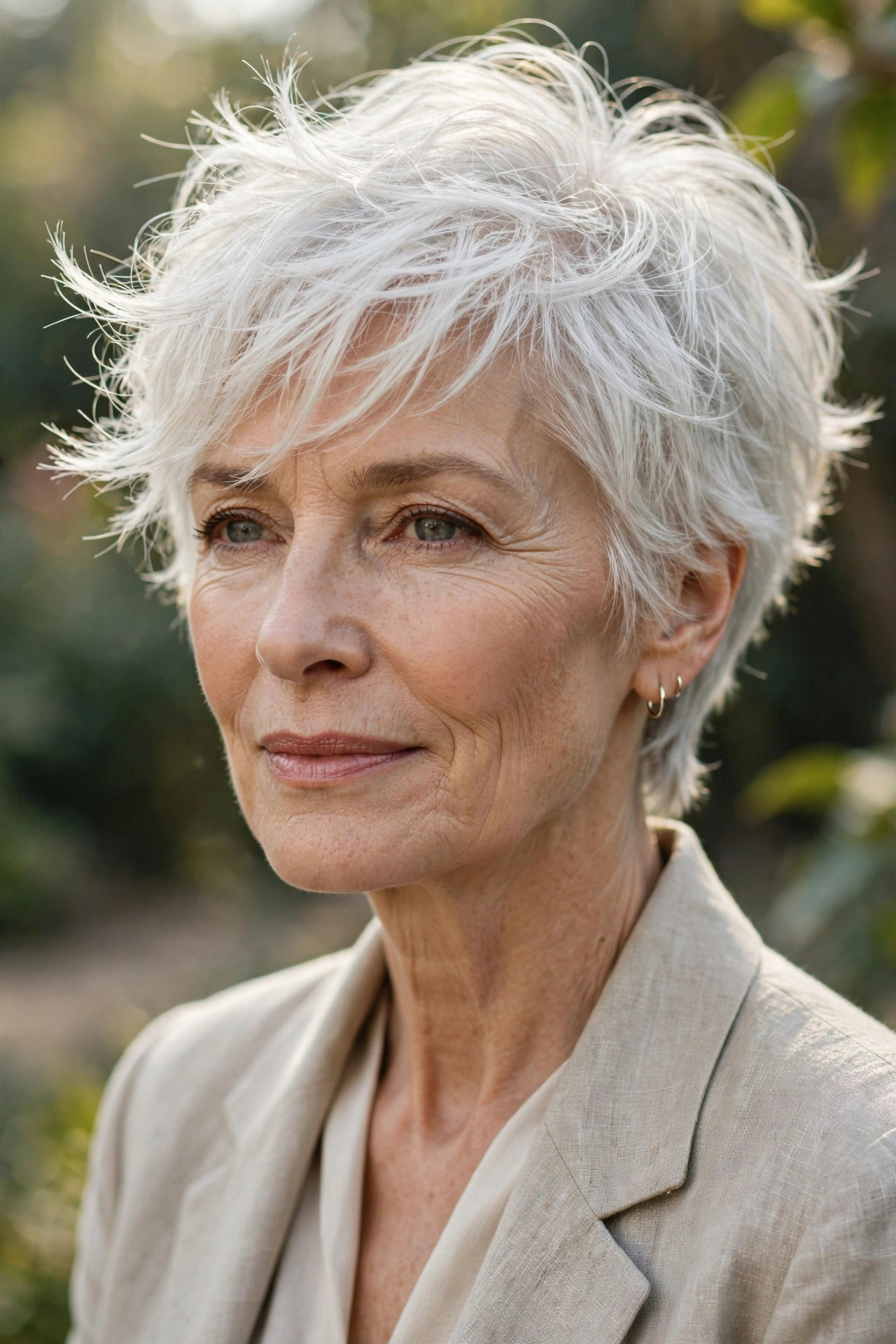 Woman in her 60s with a soft white tousled pixie and airy fringe