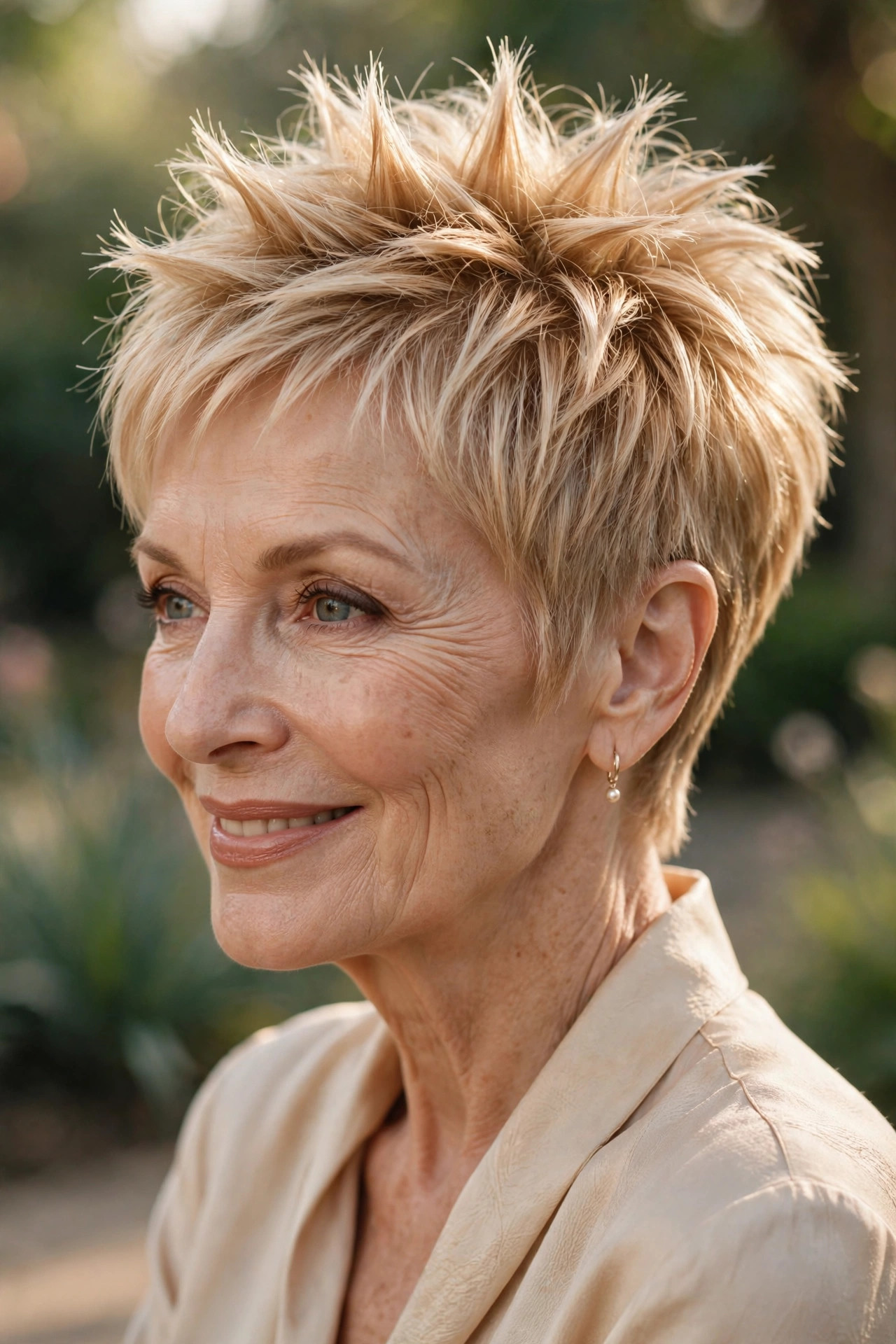 Woman in her 60s with a champagne blonde piecey spiky pixie