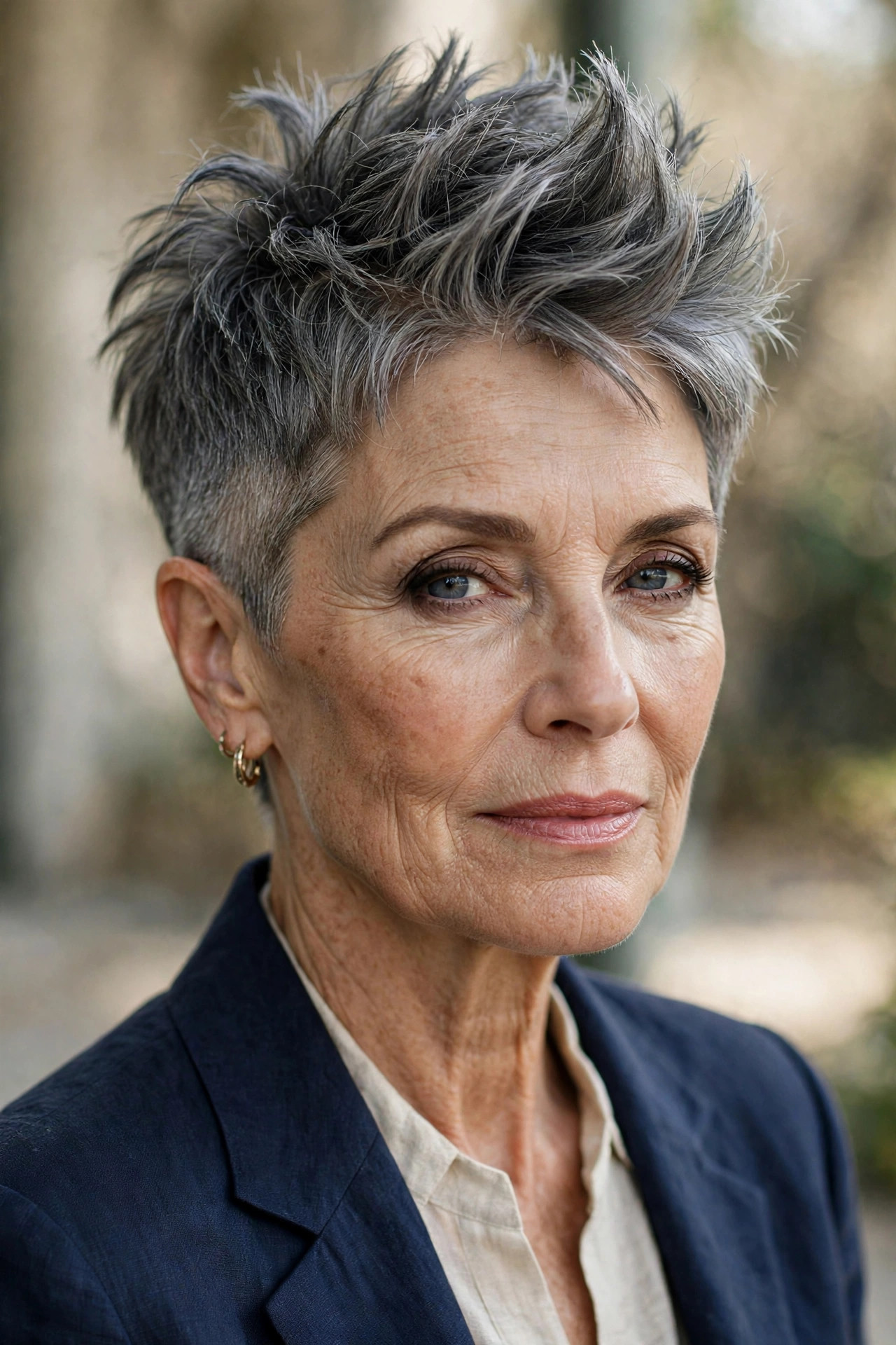 Woman in her 60s with a smoky gray faux-hawk pixie haircut