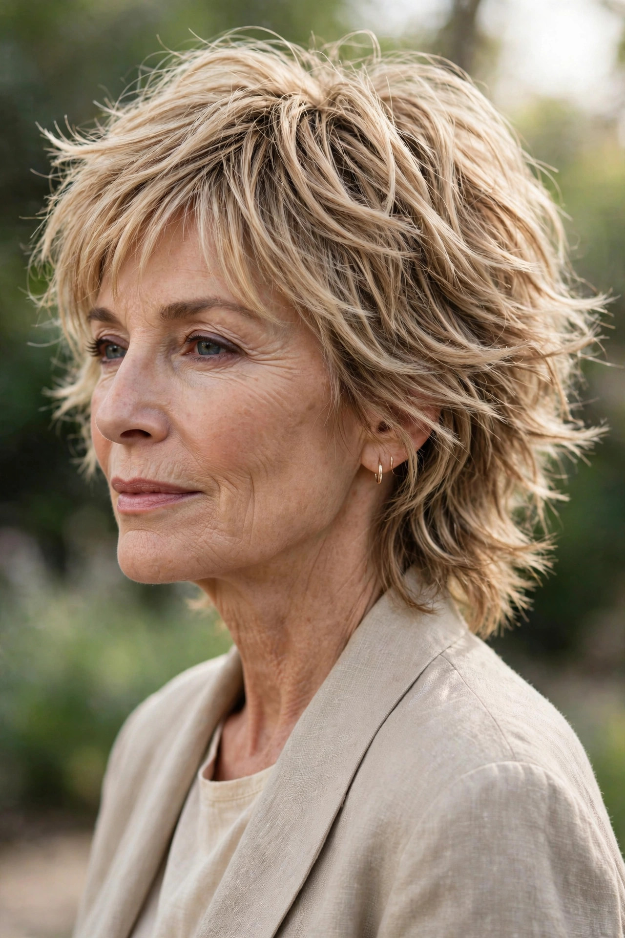 Woman in her 60s with a tousled beige blonde shag-pixie