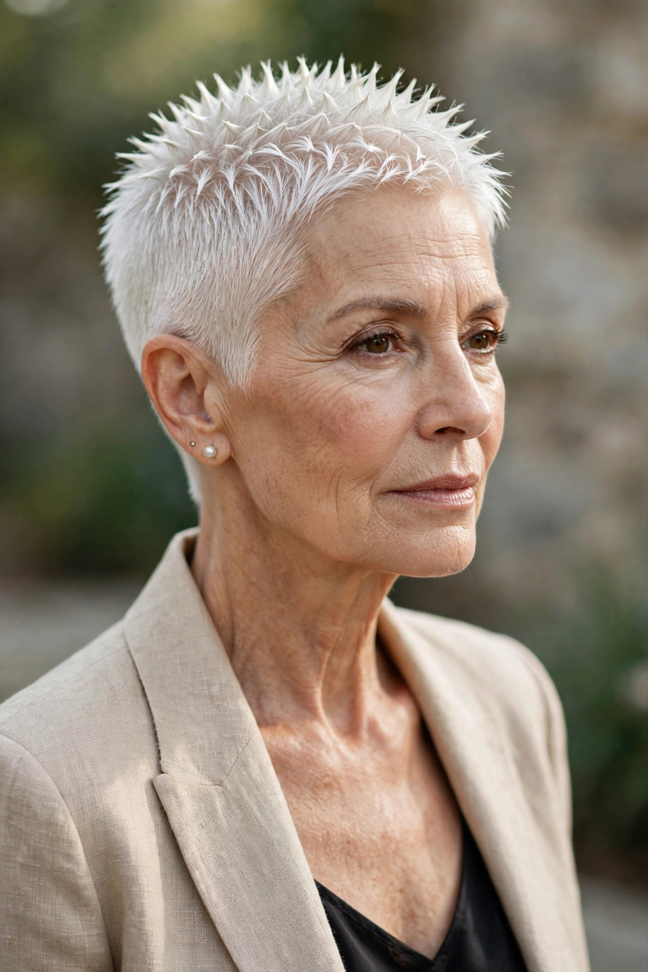 Woman in her 60s with a pearl white micro-spike crop