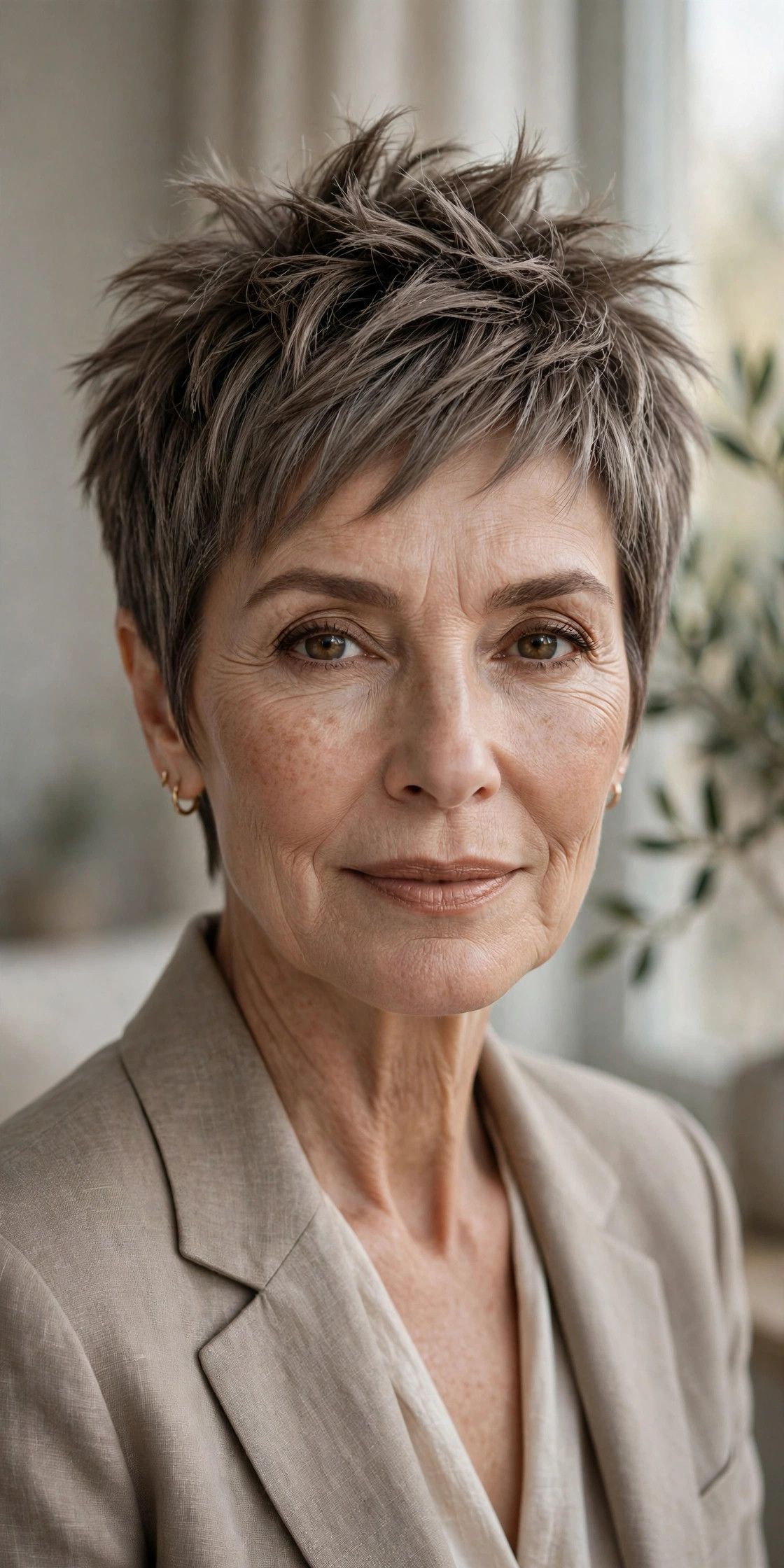 Woman in her 60s with an ash brown textured spiky pixie