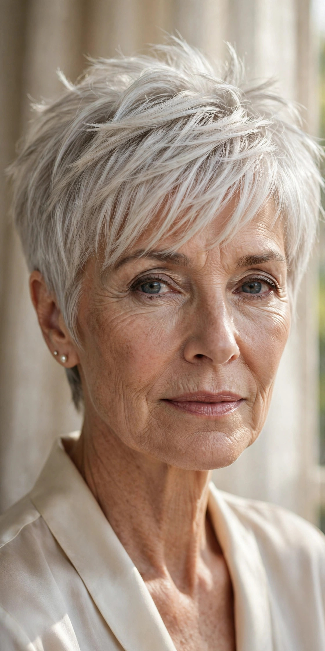 Woman in her 60s with a silver-blonde spiky pixie swept forward
