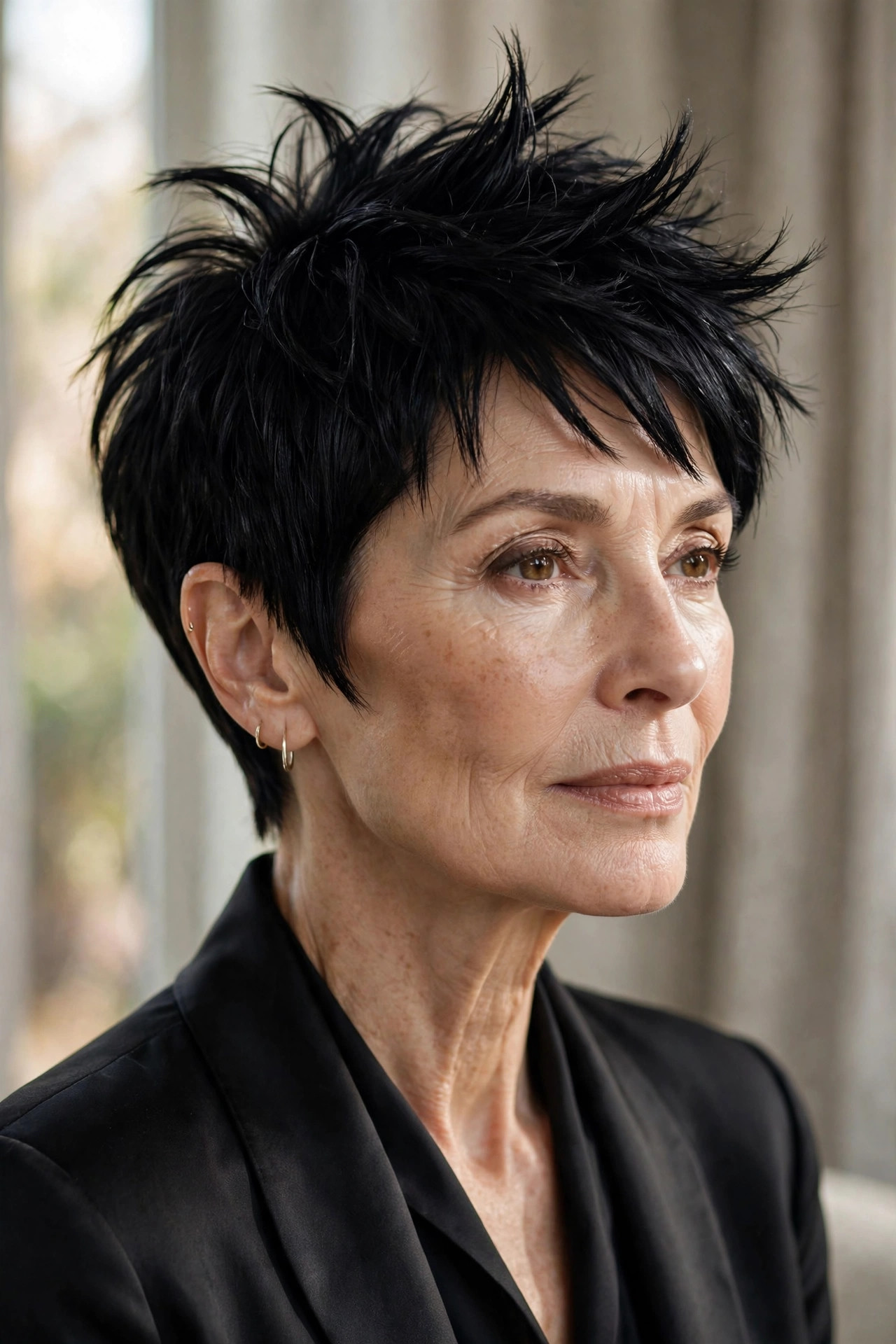 Woman in her 60s with a soft black pixie with lifted texture