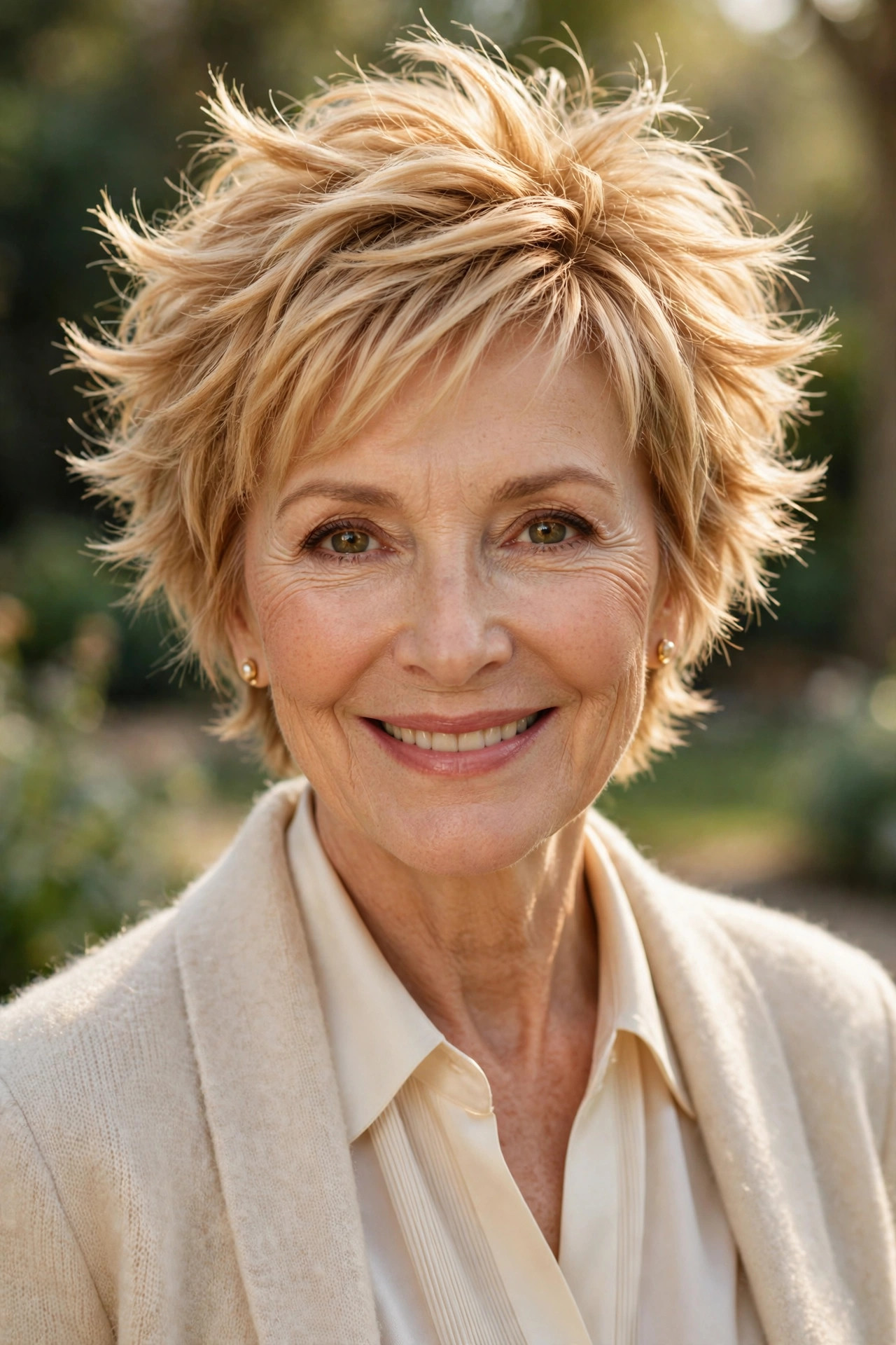 Woman in her 60s with a warm honey feathered spiky pixie