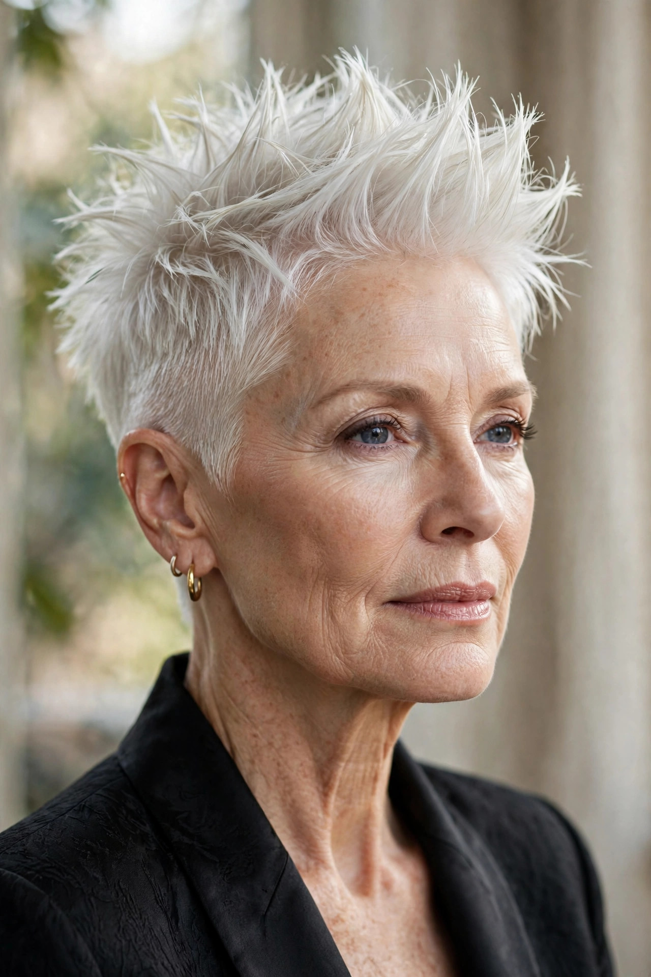 Woman in her 60s with an icy platinum spiky crop
