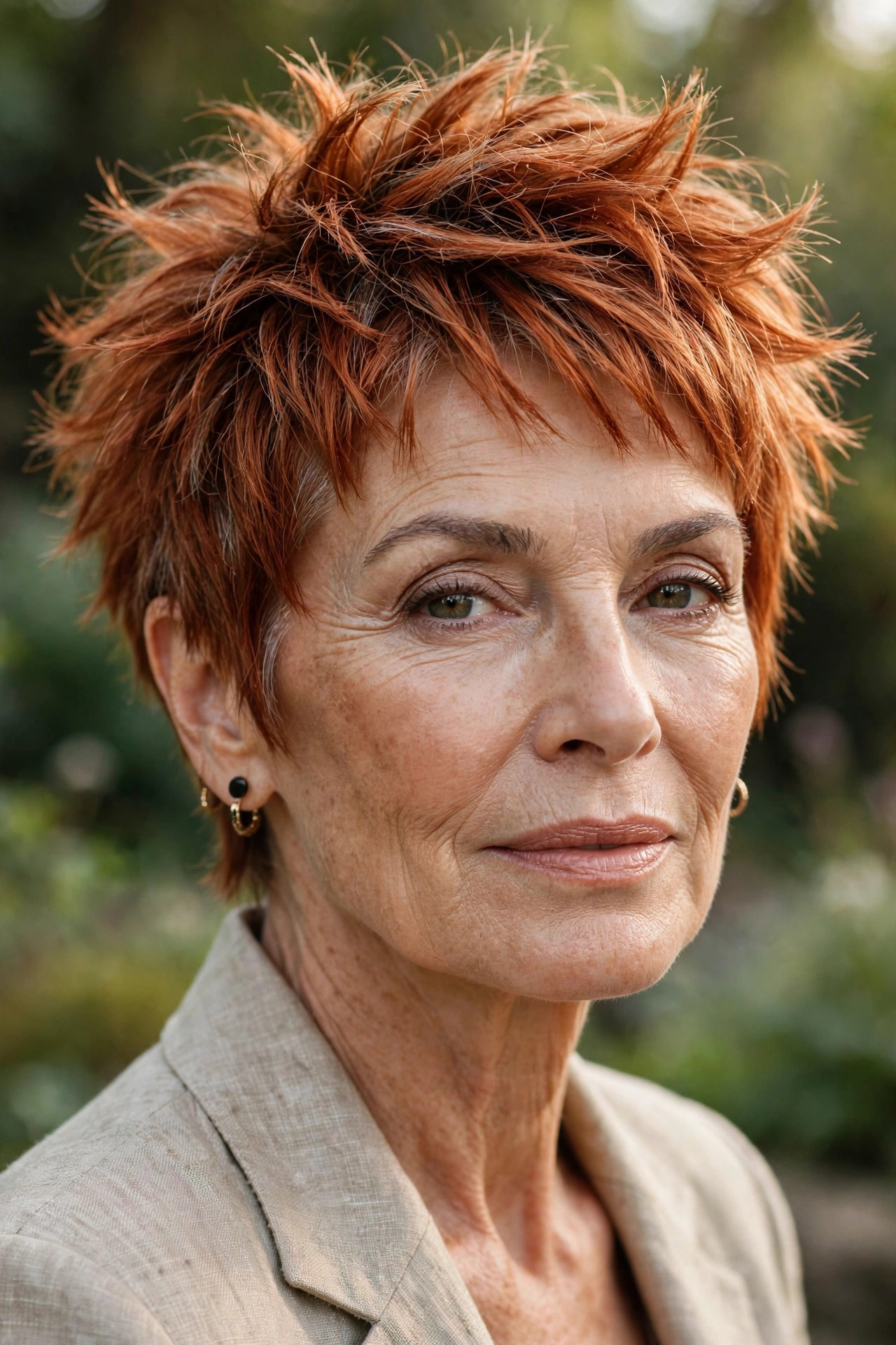 Woman in her 60s with a copper-glow tousled spiky pixie