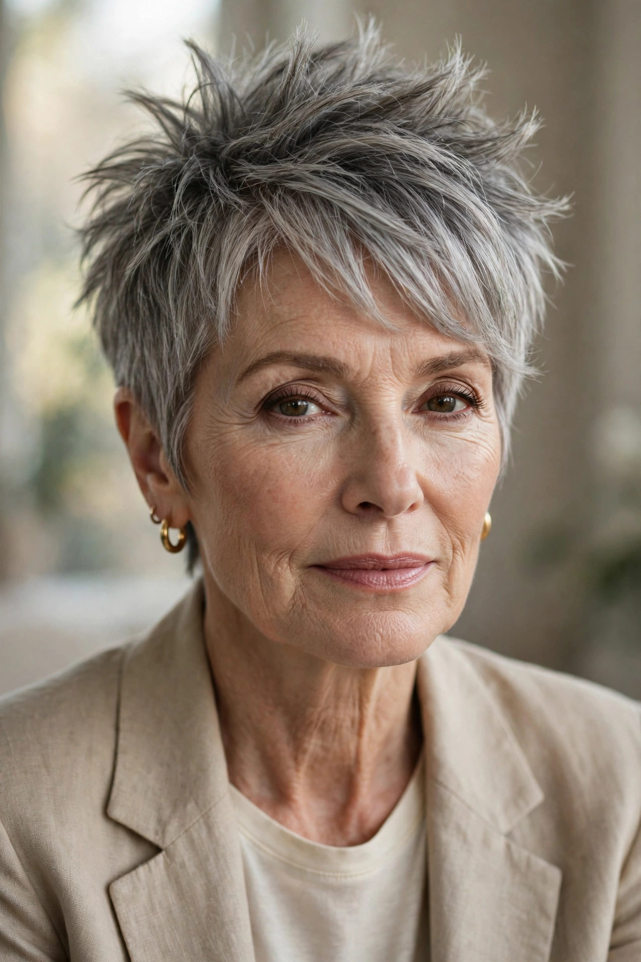 Woman in her 60s with a classic gray spiky pixie and side fringe
