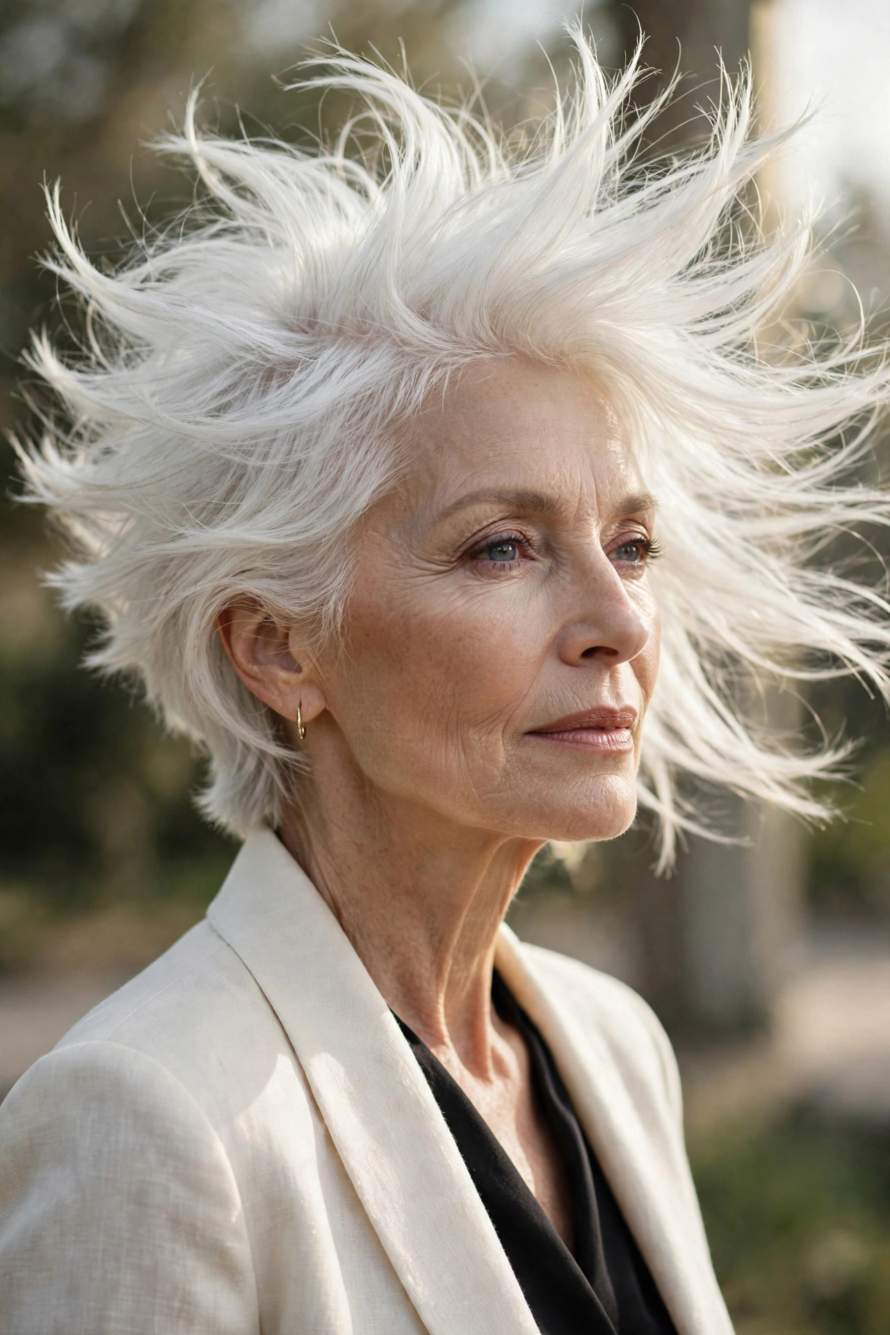 Woman in her 60s with a windswept white spiky pixie