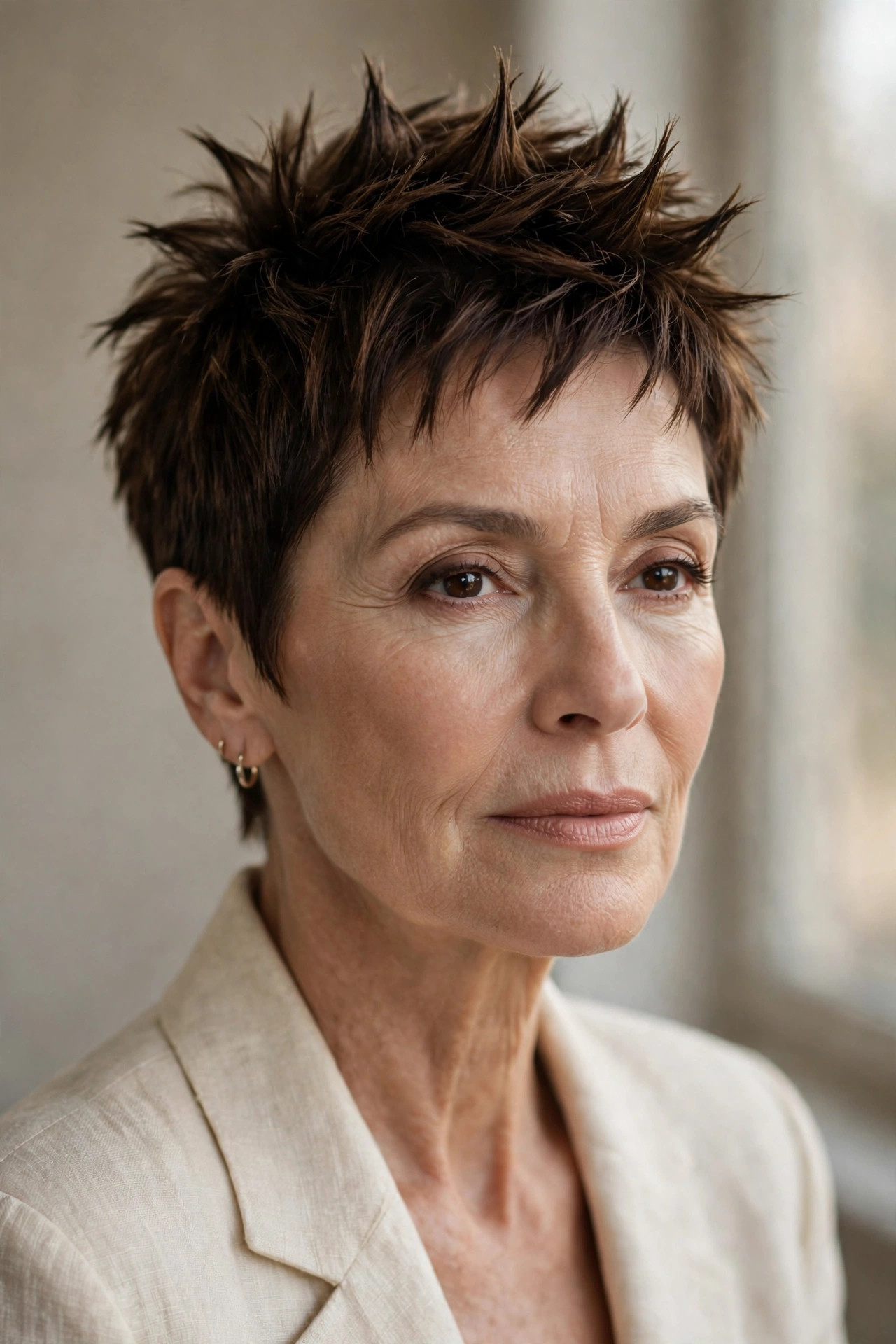 Woman in her 60s with a textured espresso spiky crop