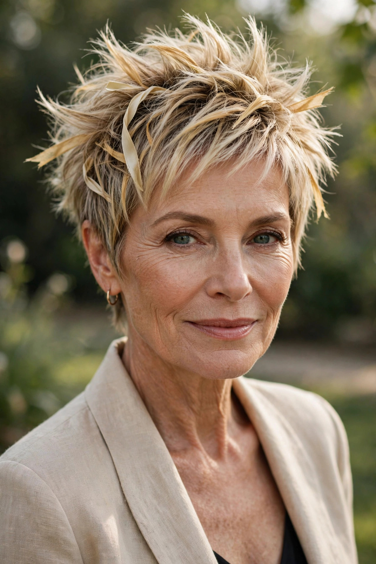 Woman in her 60s with a blonde balayage spiky pixie