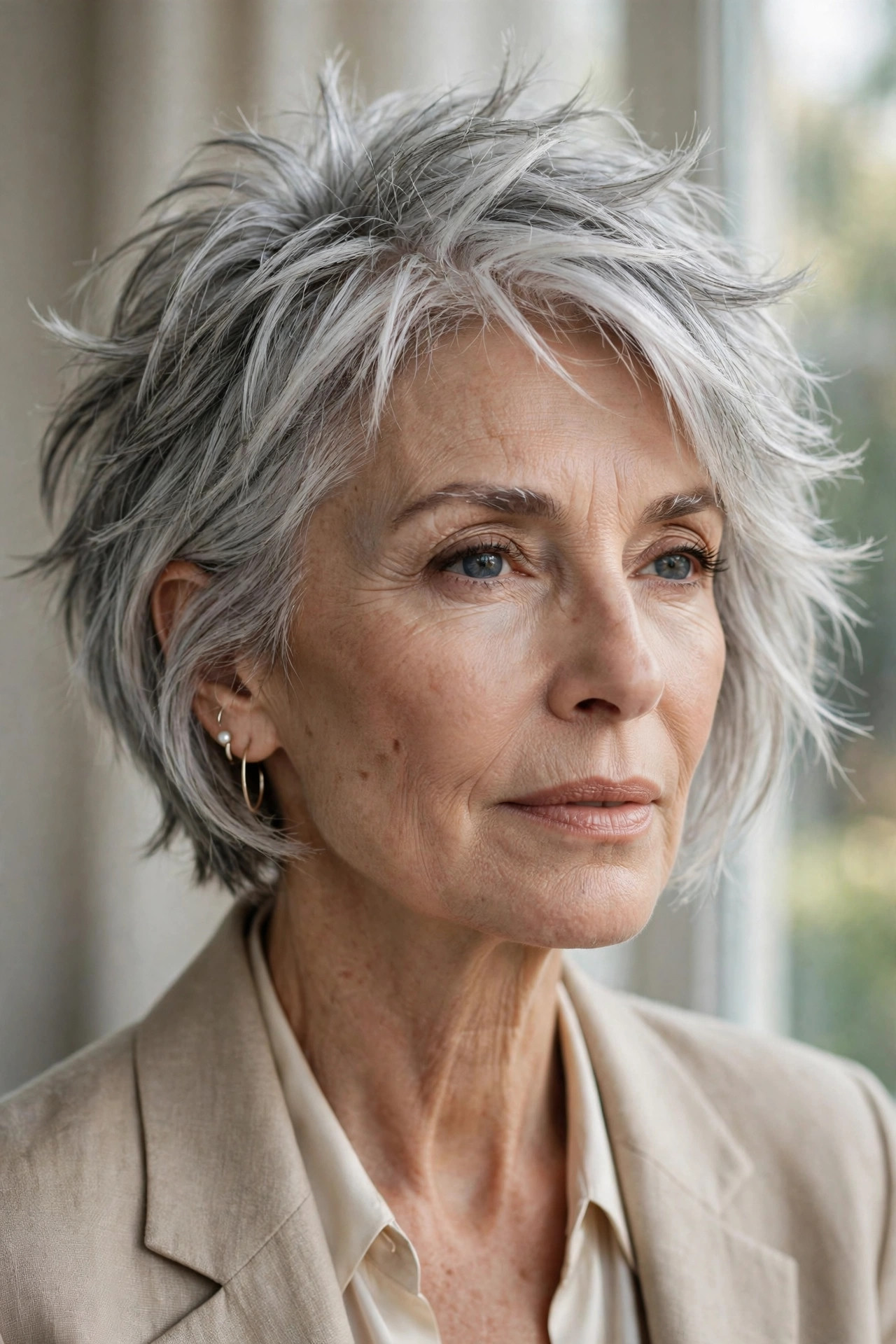 Woman in her 60s with a softly edged silver spiky bixie