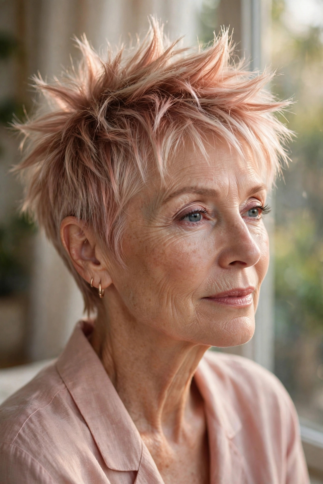 Woman in her 60s with a rose-gold tinted spiky pixie