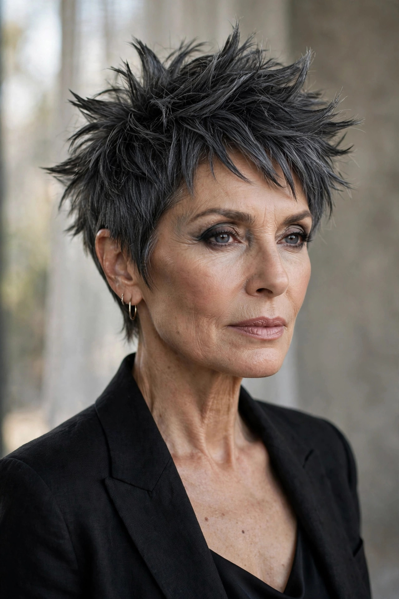 Woman in her 60s with a feathered charcoal spiky pixie