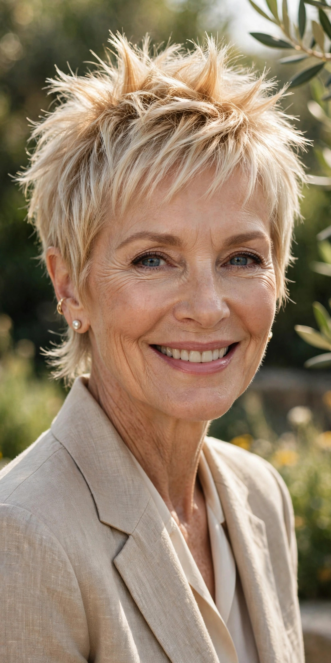 Woman in her 60s with a sunlit blonde spiky pixie and wispy nape