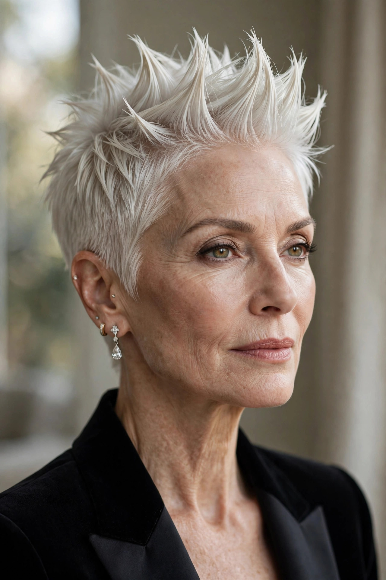 Woman in her 60s with a polished platinum spiky pixie