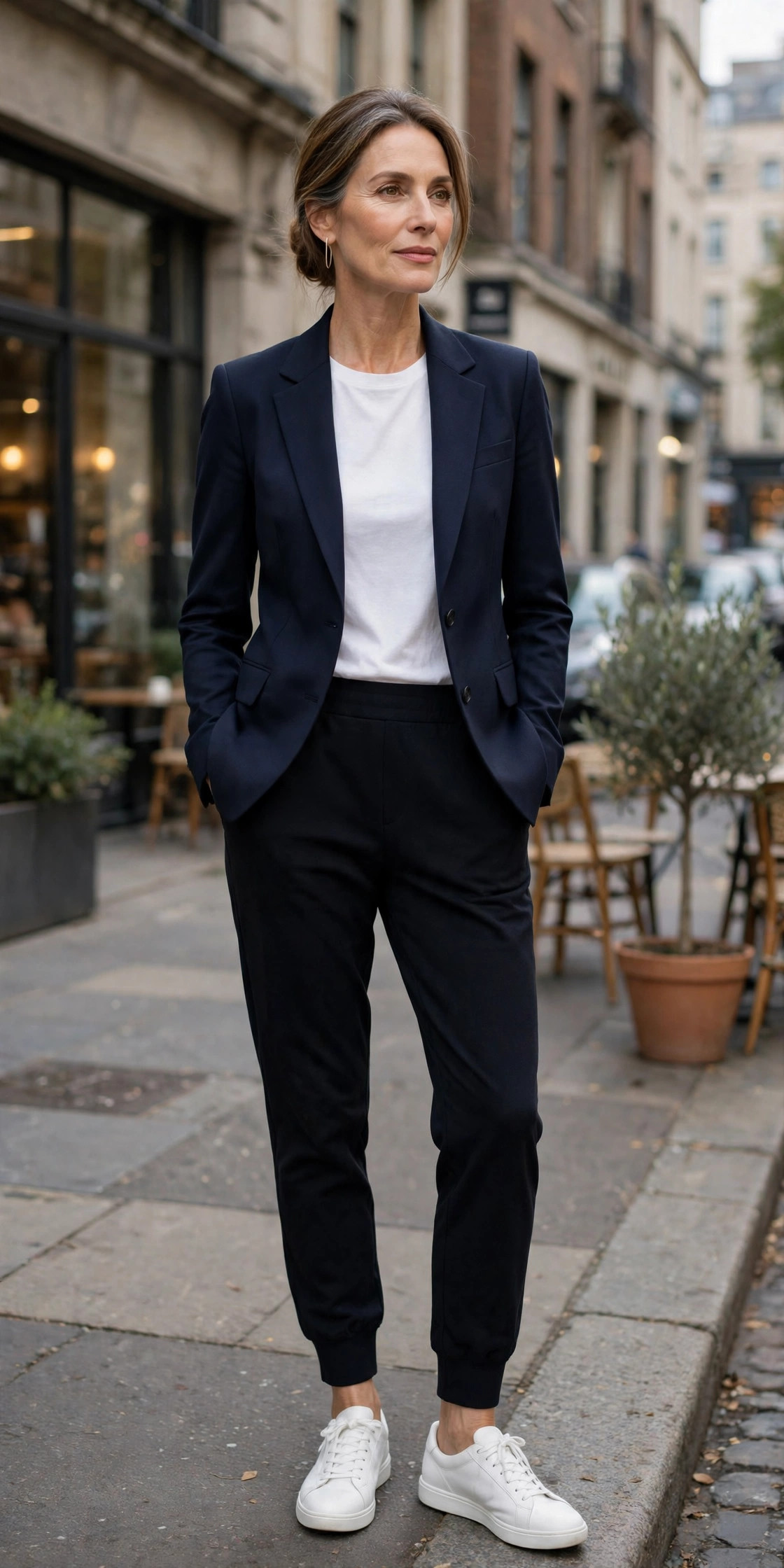 Woman over 50 in black tailored joggers with navy blazer and white sneakers