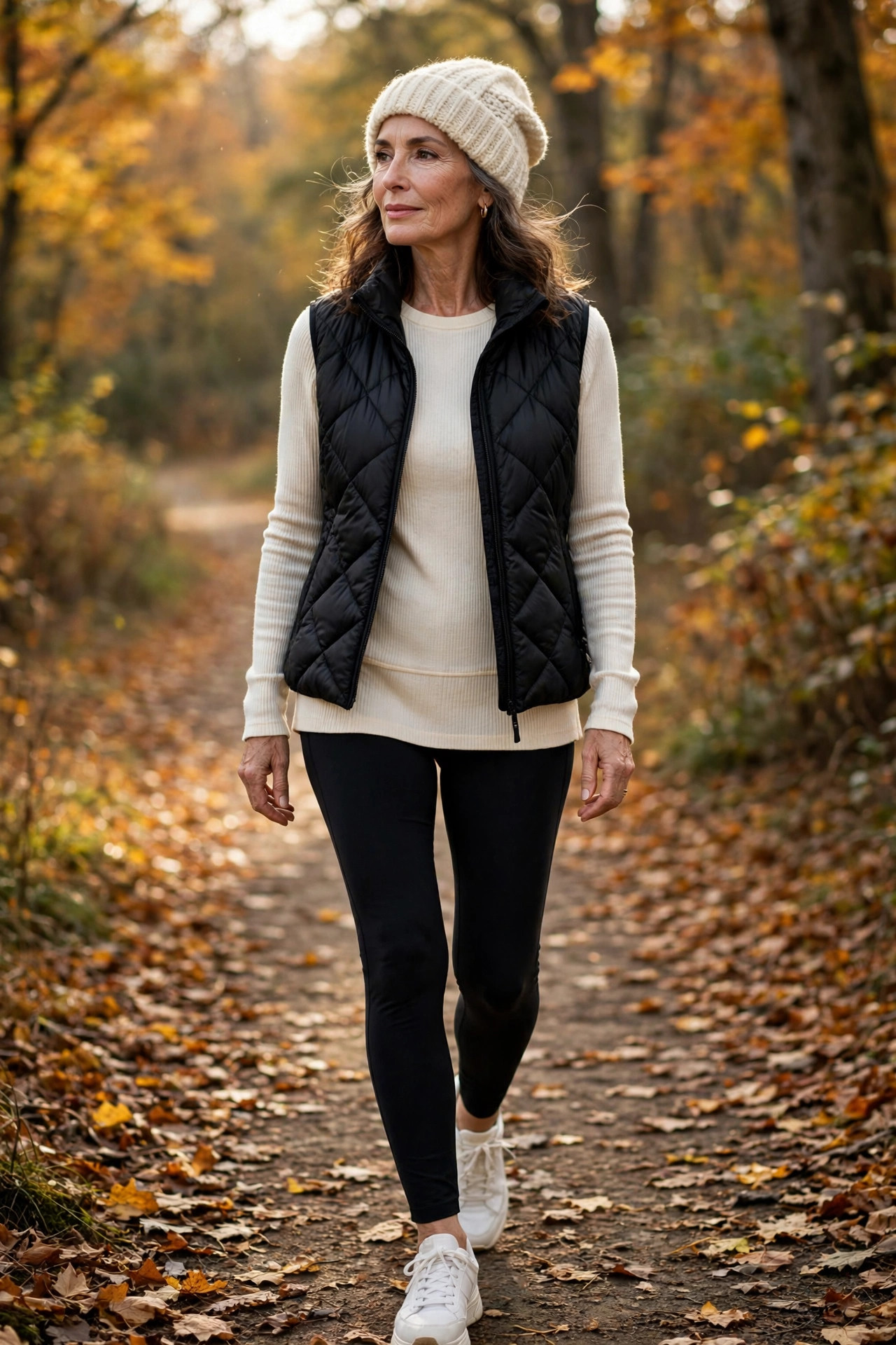 Woman over 50 in black puffer vest with leggings and cream top