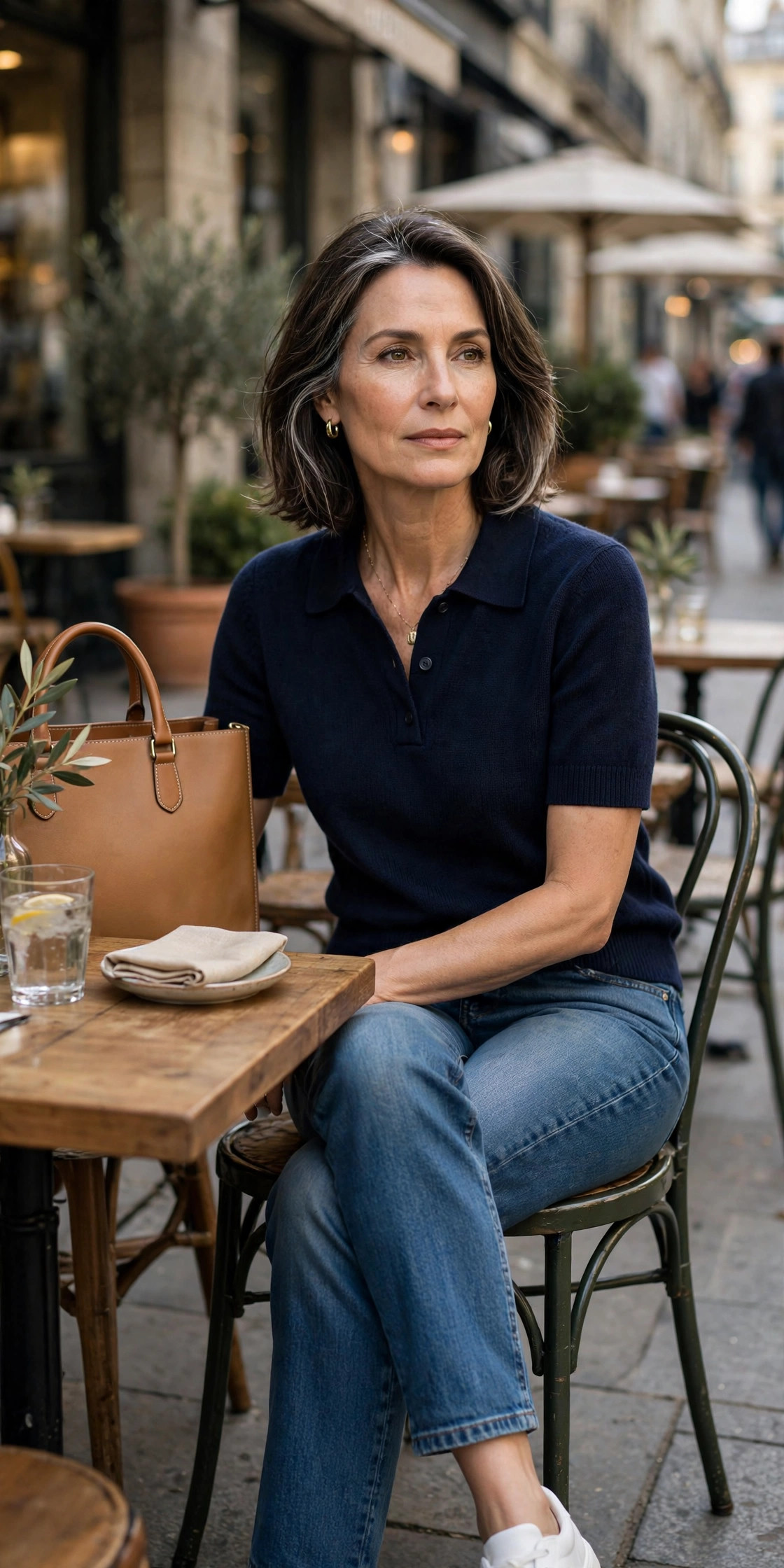Woman over 50 in white sneakers with jeans and navy knit polo