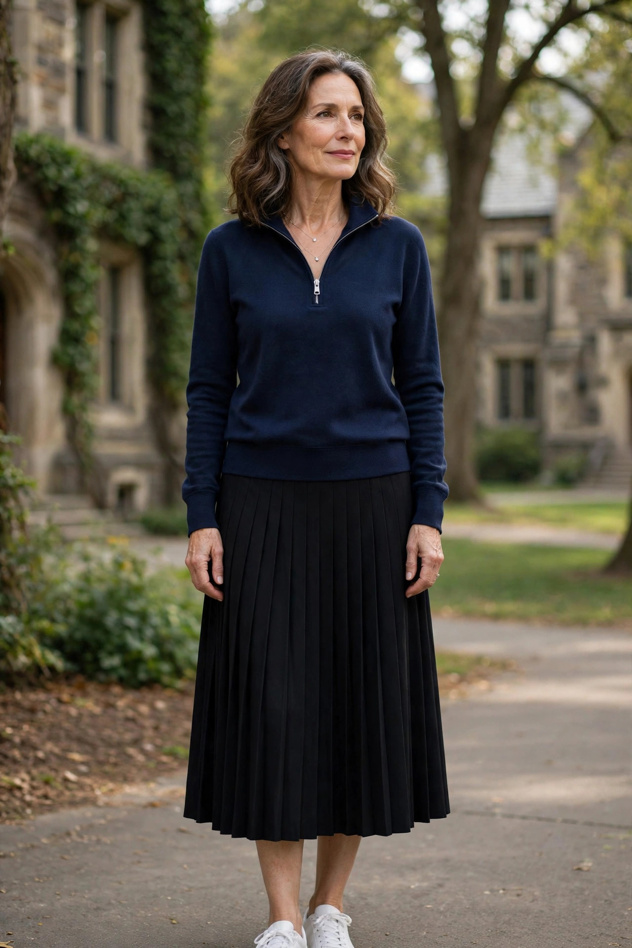 Woman over 50 in navy quarter-zip with pleated midi skirt and sneakers