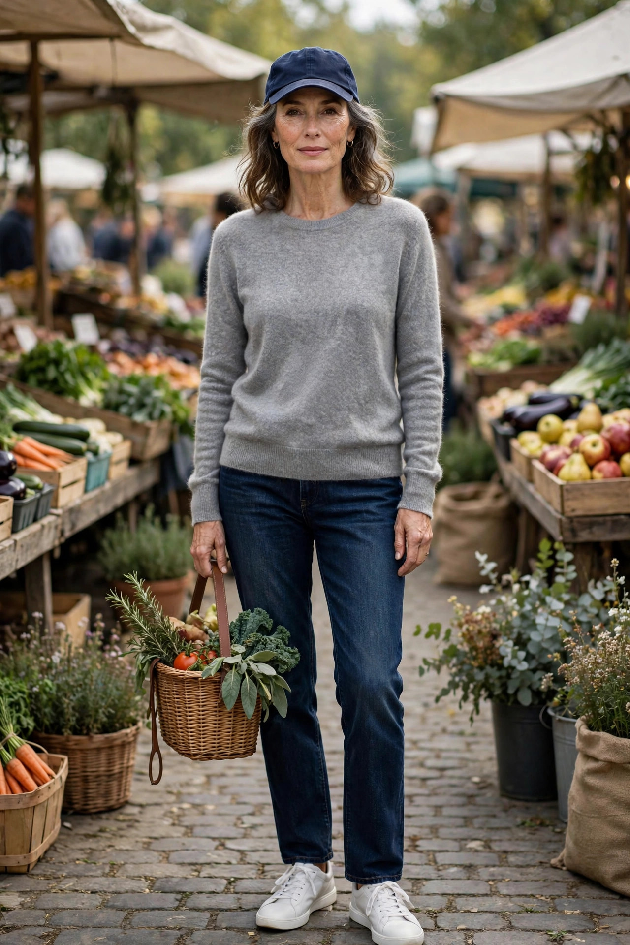 Woman over 50 in baseball cap with cashmere sweater and jeans