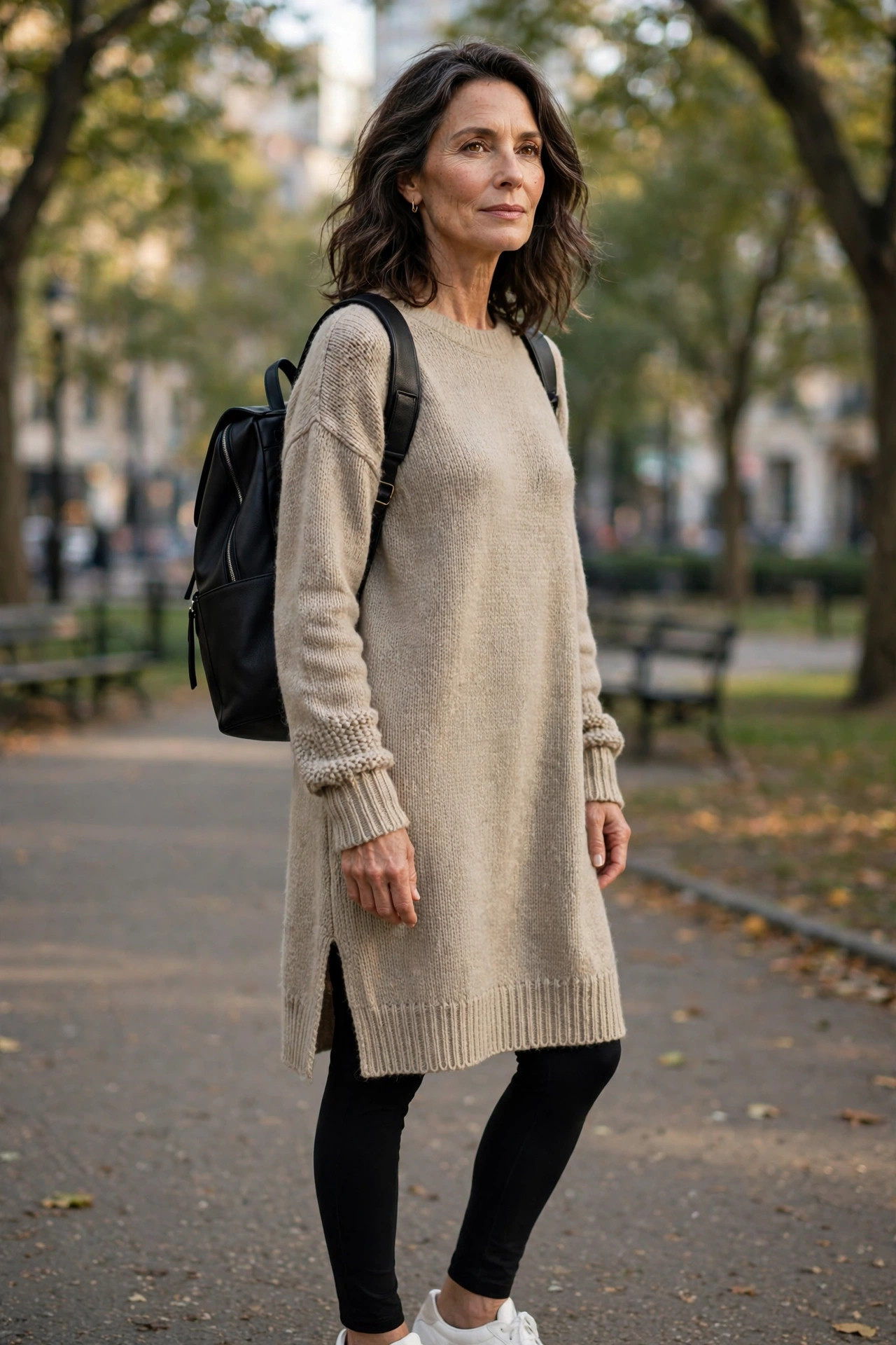 Woman over 50 with leather backpack, leggings and oatmeal tunic