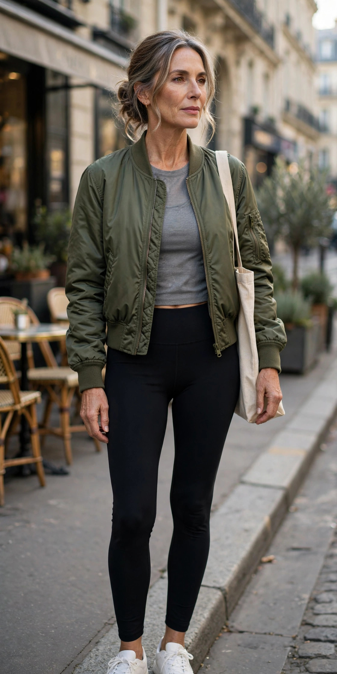 Woman over 50 in black leggings with cropped olive bomber jacket