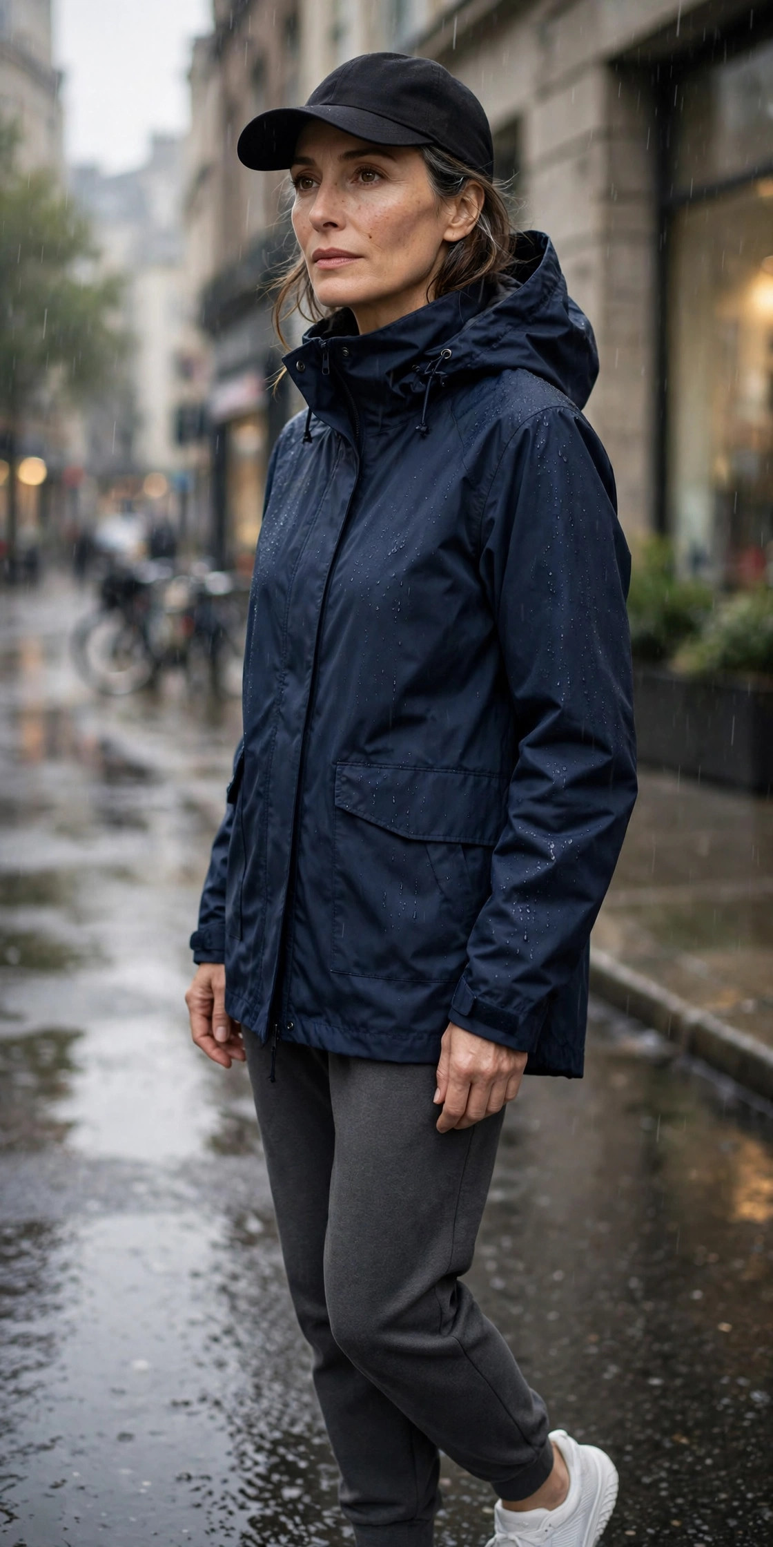 Woman over 50 in navy anorak with joggers on a rainy day