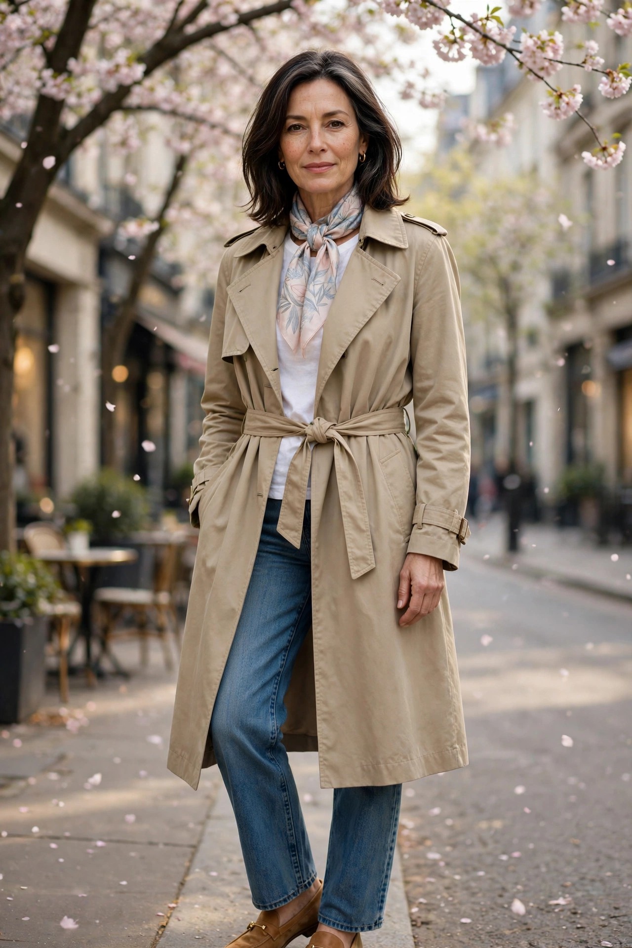 Woman over 50 in stone relaxed trench coat, white tee, straight jeans, tan loafers and silk scarf in spring