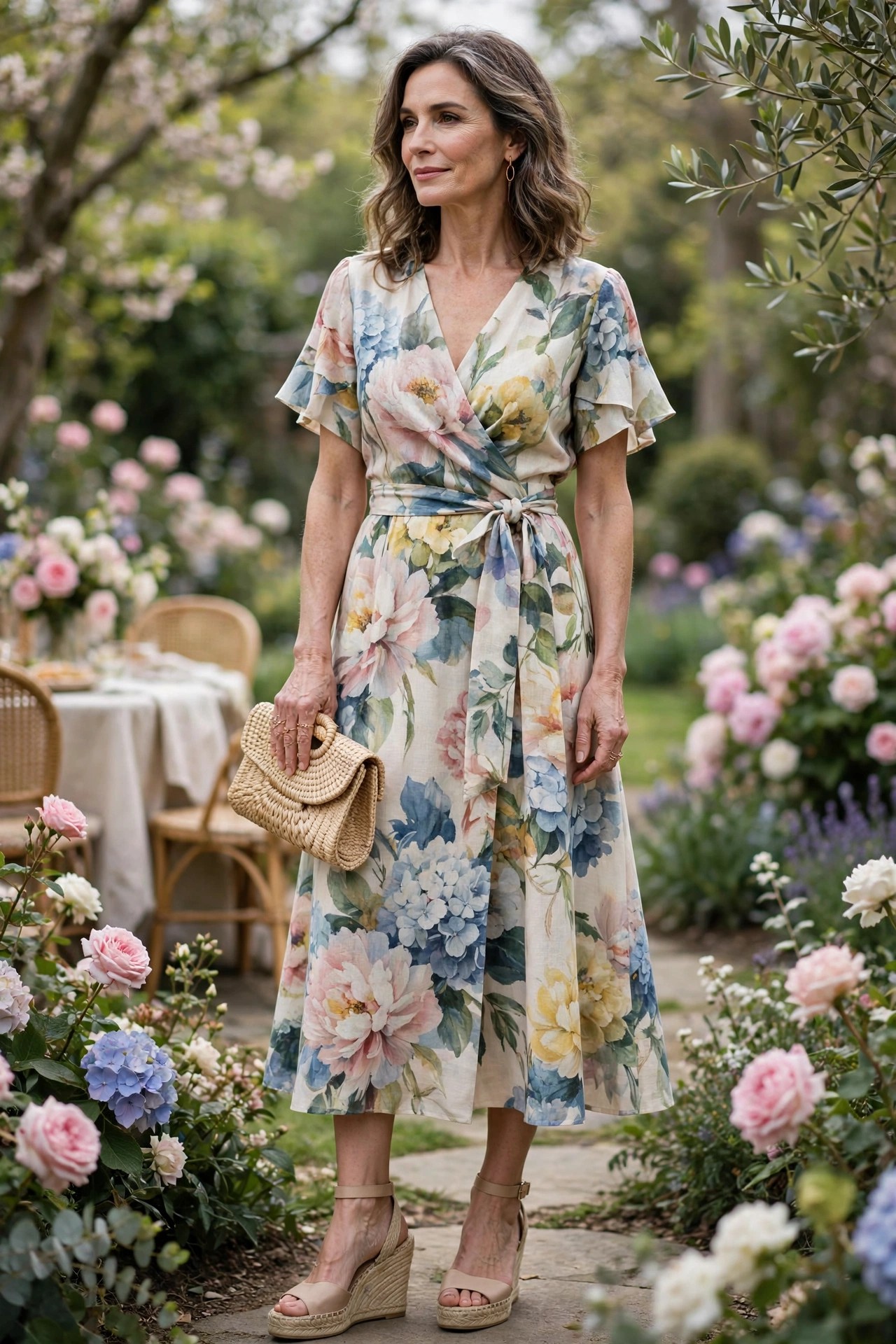 Woman over 50 in oversized painterly floral midi wrap dress, nude espadrille wedges and straw clutch