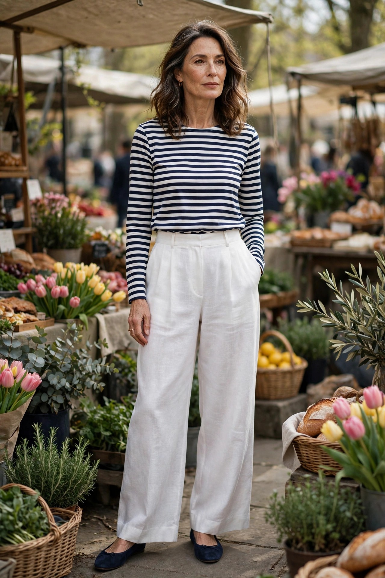Woman over 50 in white wide-leg linen trousers, Breton stripe top and navy ballet flats at a spring market