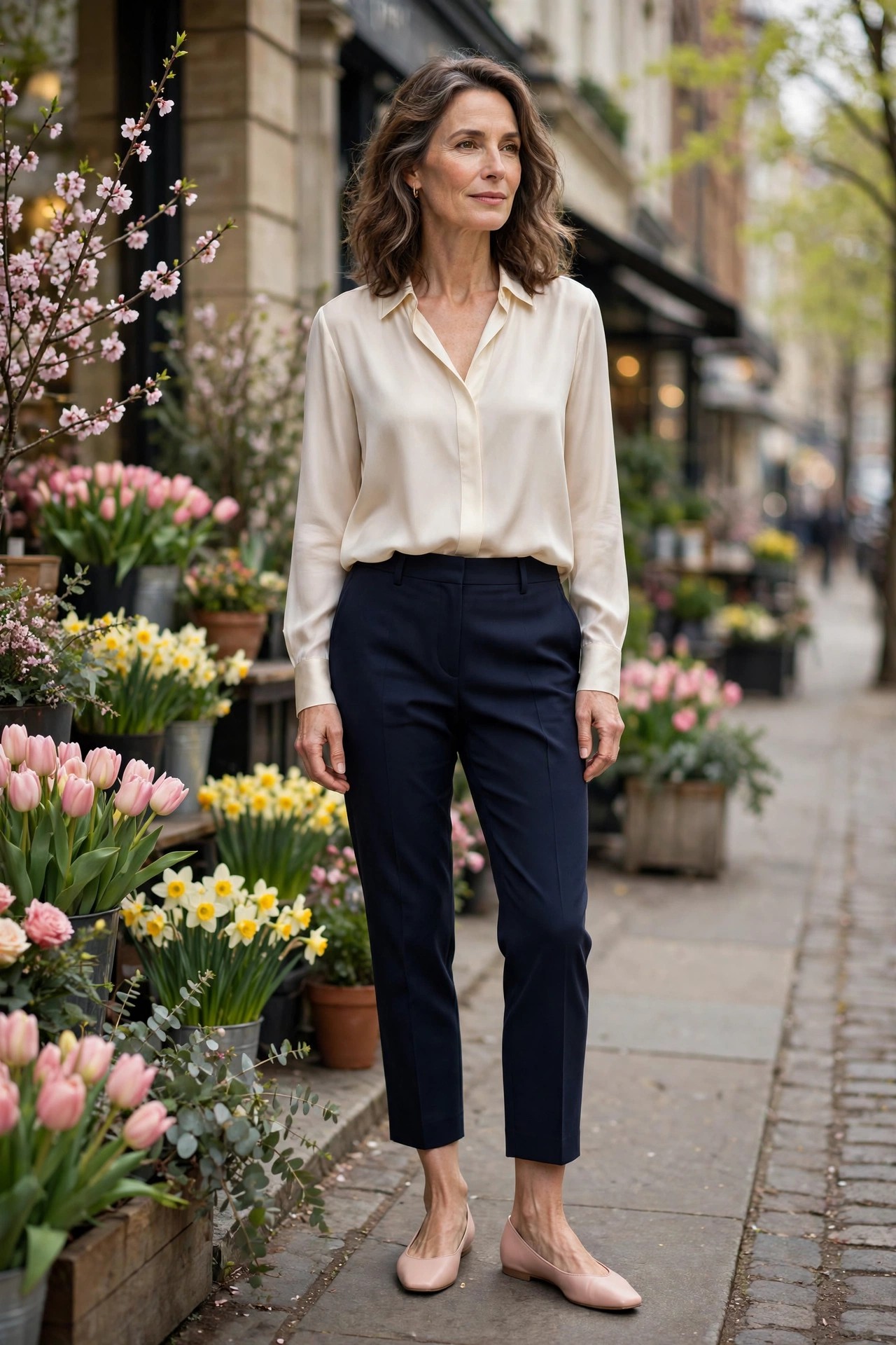 Woman over 50 in cropped navy tailored trousers, cream silk blouse and blush square-toe ballet flats