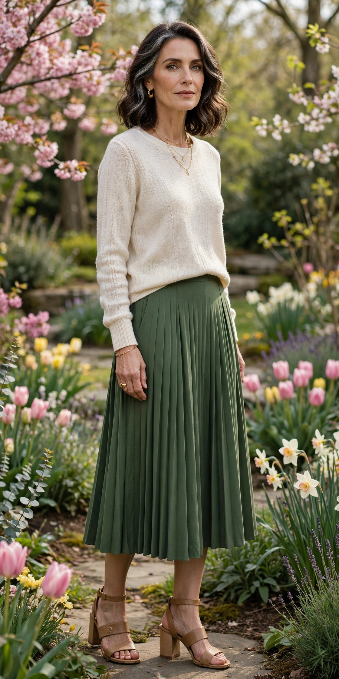 Woman over 50 in garden green pleated midi skirt, cream knit sweater, tan sandals and gold jewelry