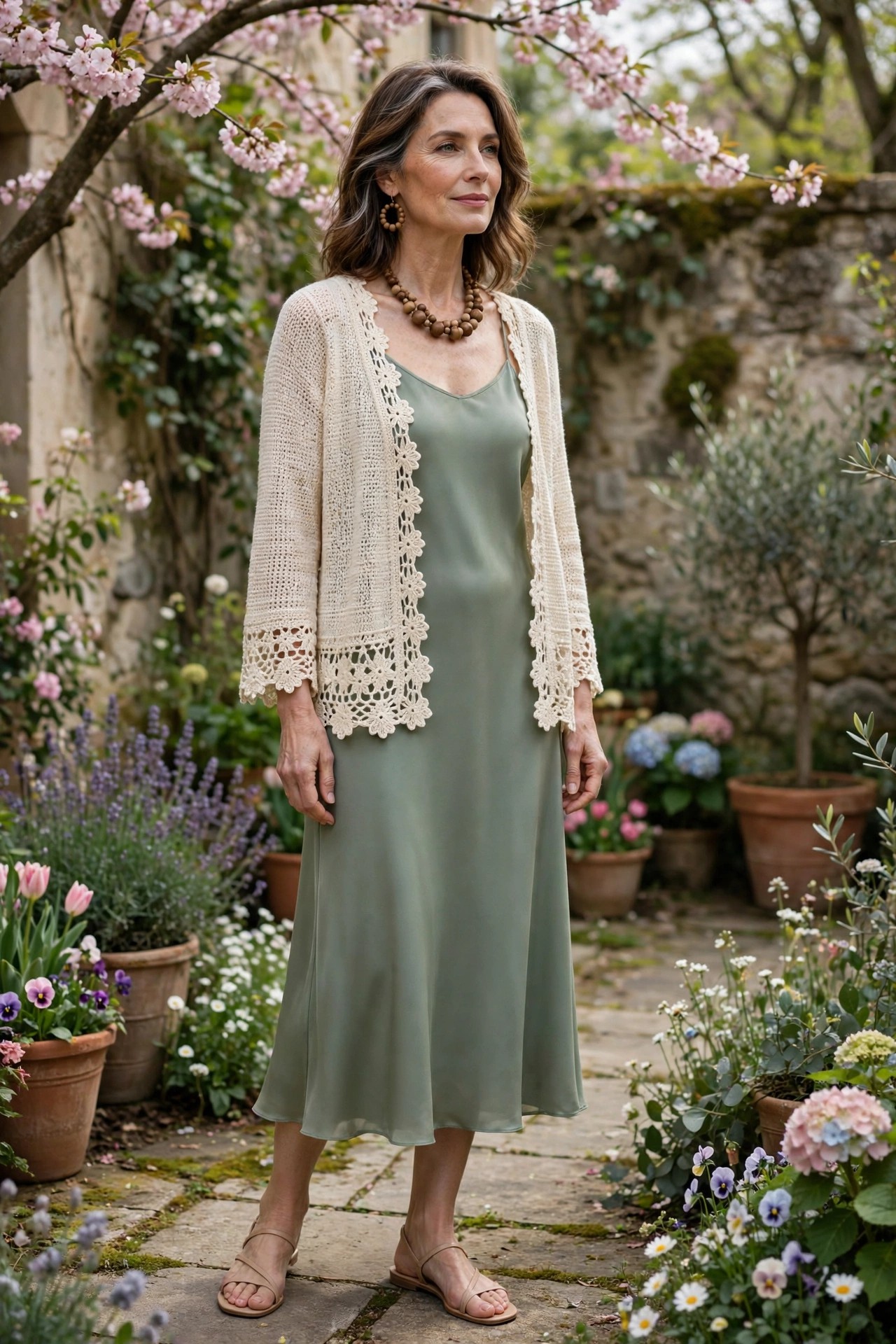 Woman over 50 in cream crochet-trim cardigan, sage slip dress, nude sandals and wooden jewelry in spring