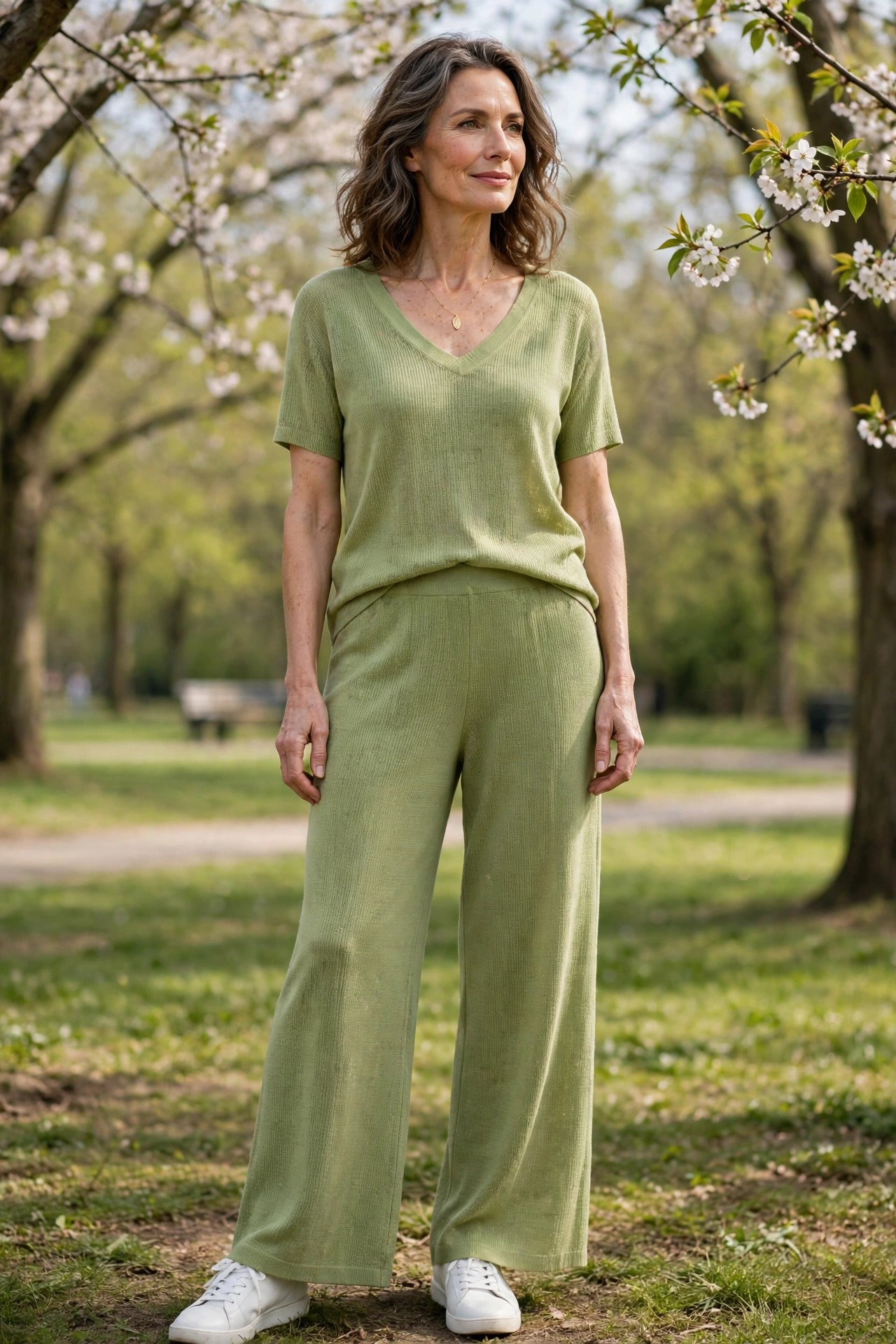 Woman over 50 in pistachio knit top and matching wide-leg knit pants with white sneakers in spring