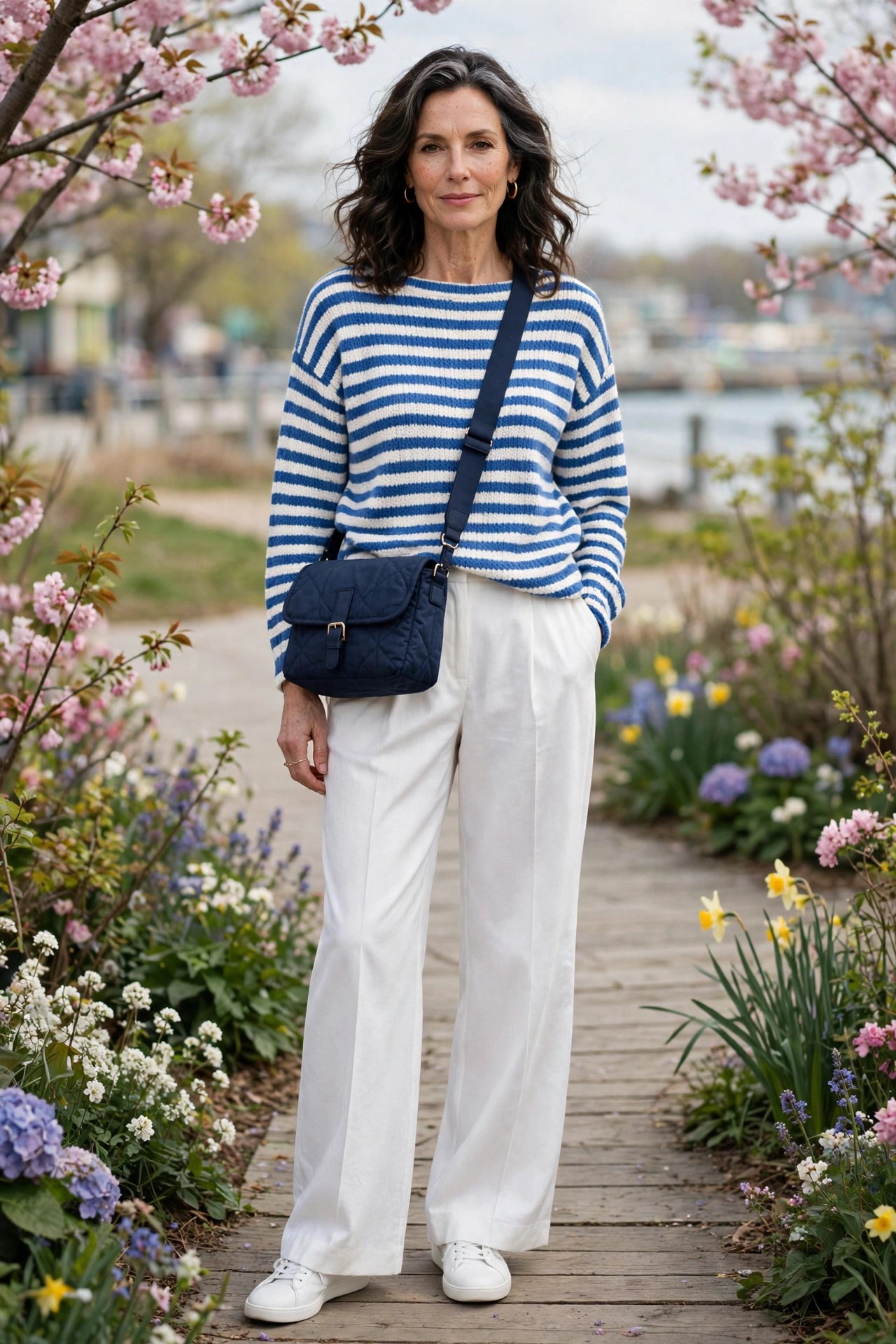 Woman over 50 in wide blue-and-white striped knit top, white wide-leg trousers and navy crossbody