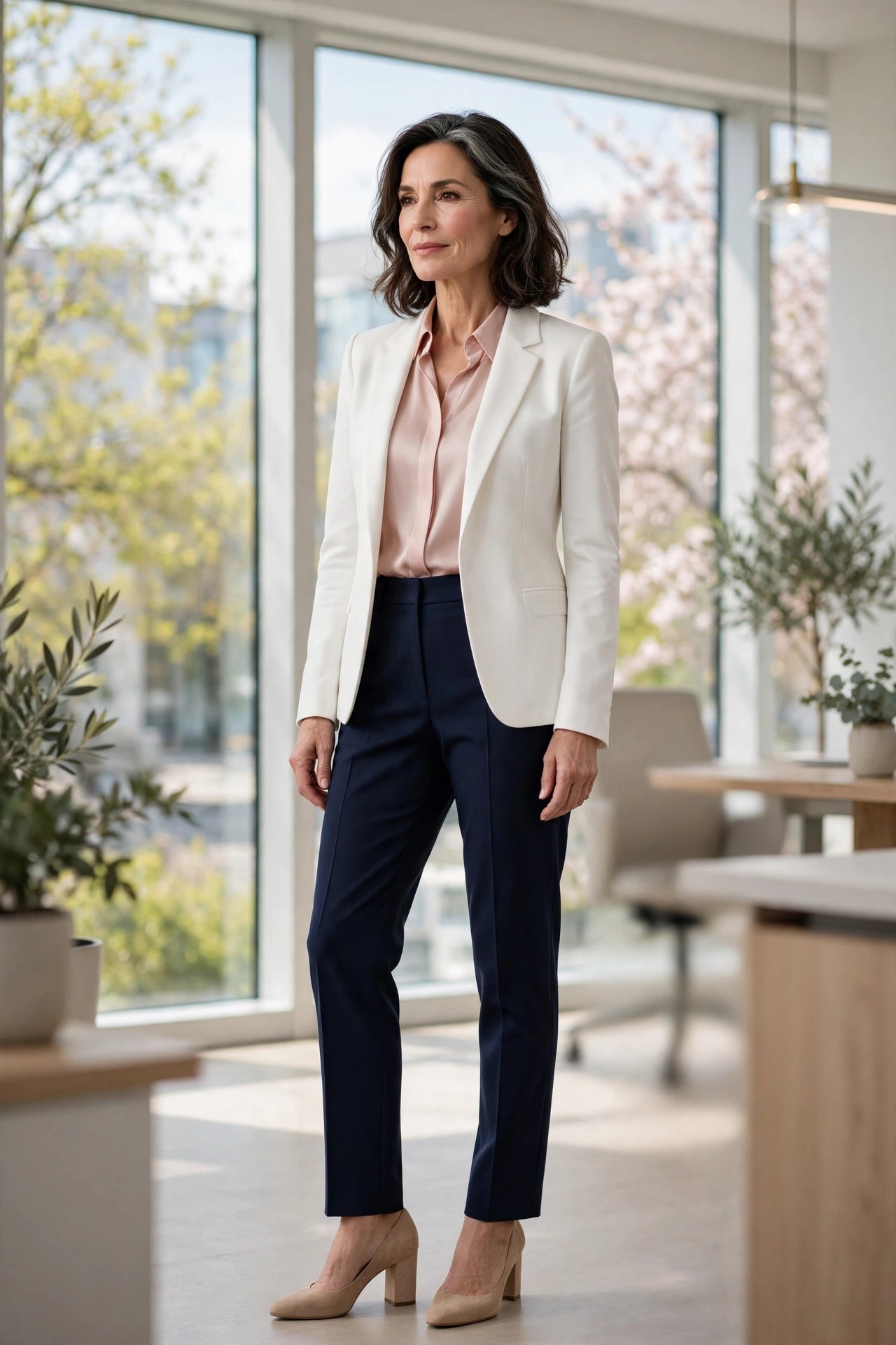 Elegant woman in her 50s wearing a white blazer, blush blouse and navy trousers in a bright office
