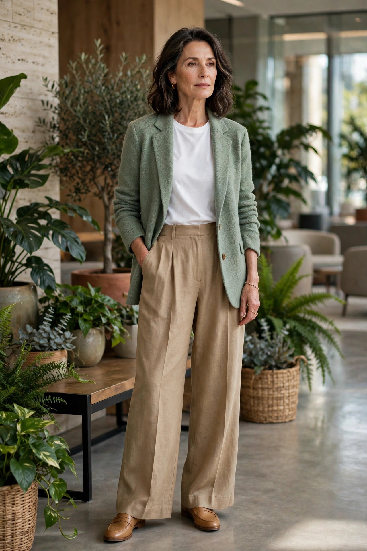 Woman over 50 in a sage knit blazer, white tee and tan wide-leg trousers in an office lobby
